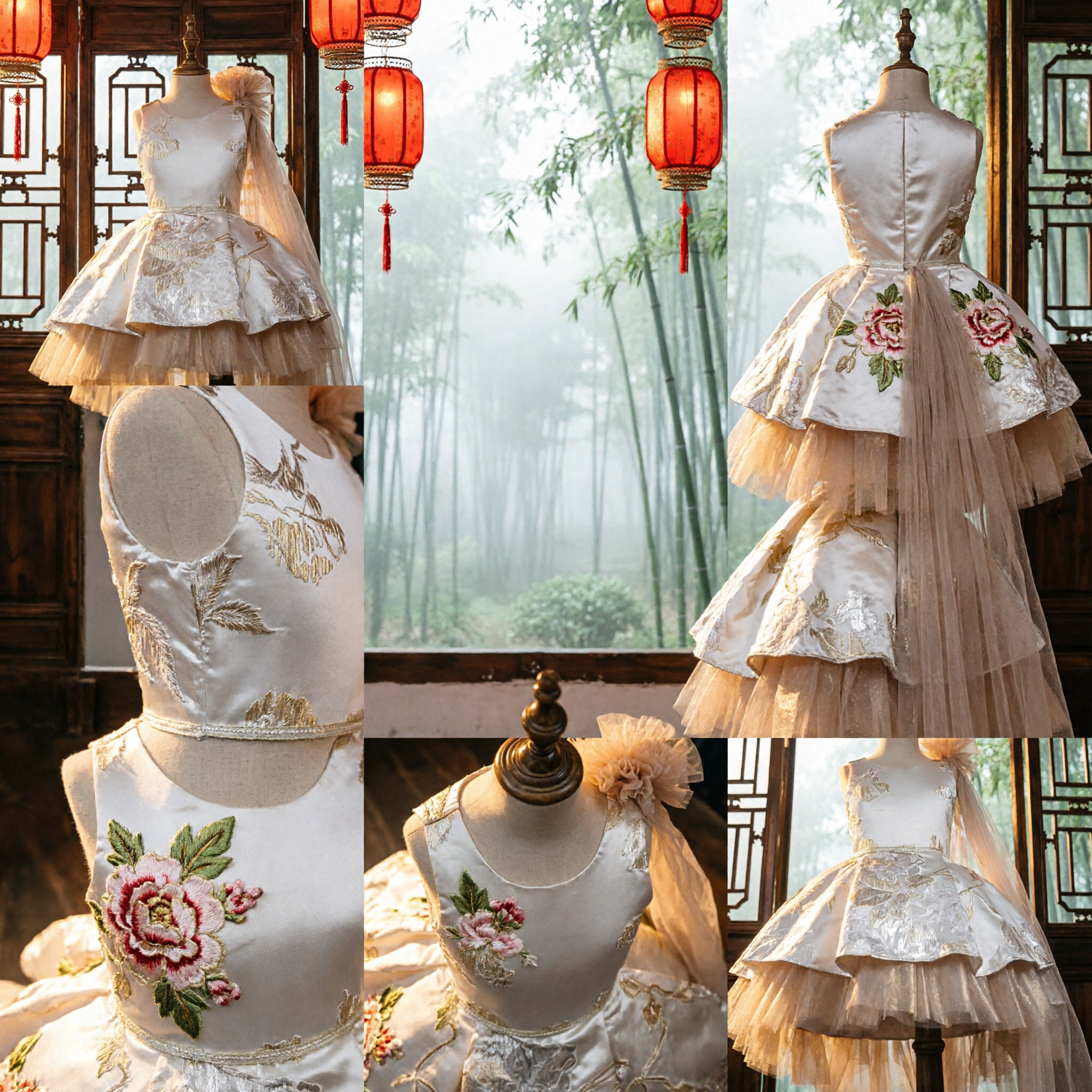 여성 무대 댄스 공연 발표회용 우아한 화이트 앤 골드 꽃 자수 발레 튜튜 드레스 - Asian Costume