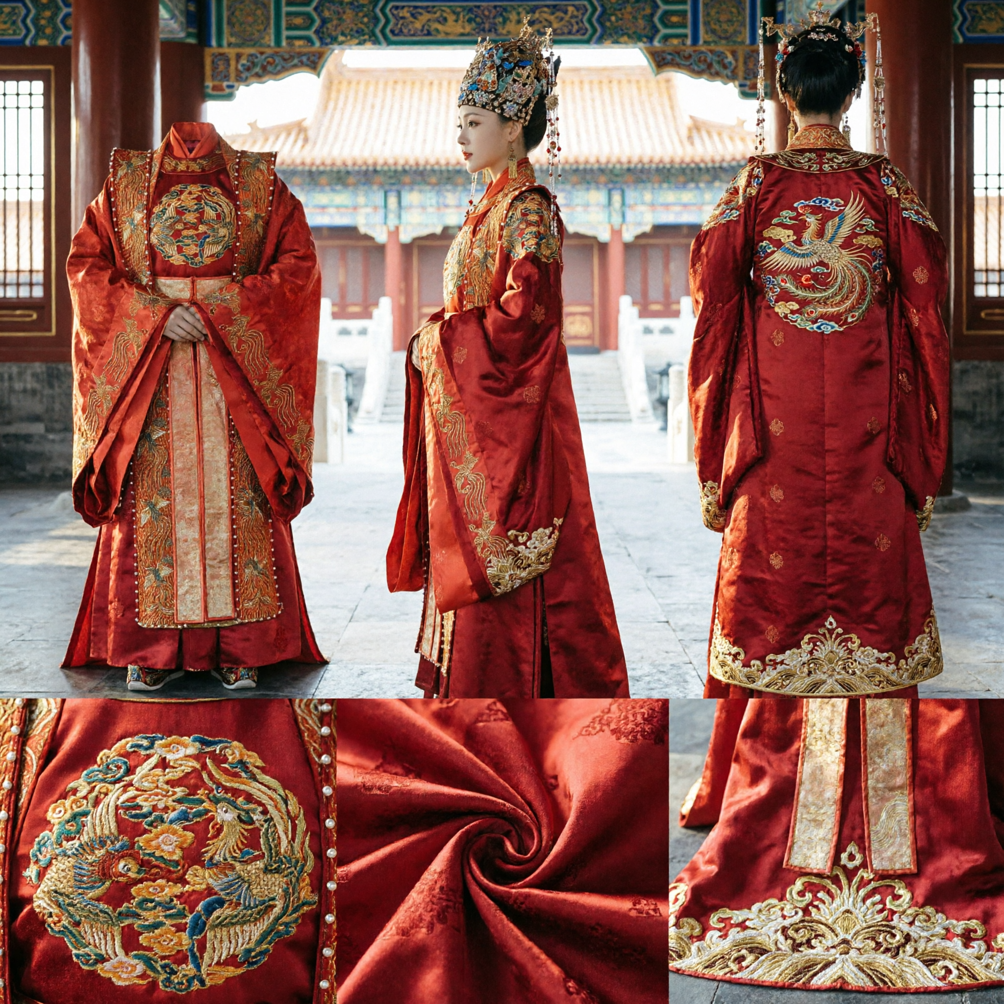 Traje de Boda de Emperatriz Hanfu Rojo de la Dinastía Ming Tradicional China, Túnica de Dragón con Corona de Fénix para Mujeres - Asian Costume