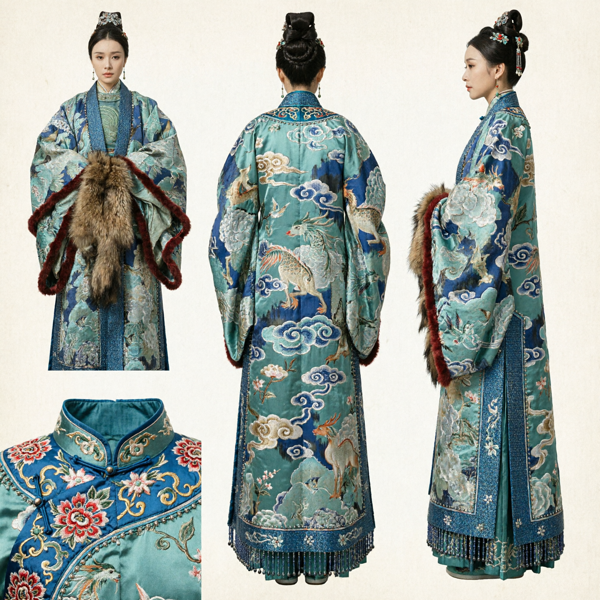 Oude Chinese traditionele Hanfu blauwe brokaat mantel Ming-dynastie adellijke dame kostuum met bontmof voor vrouwen - Asian Costume