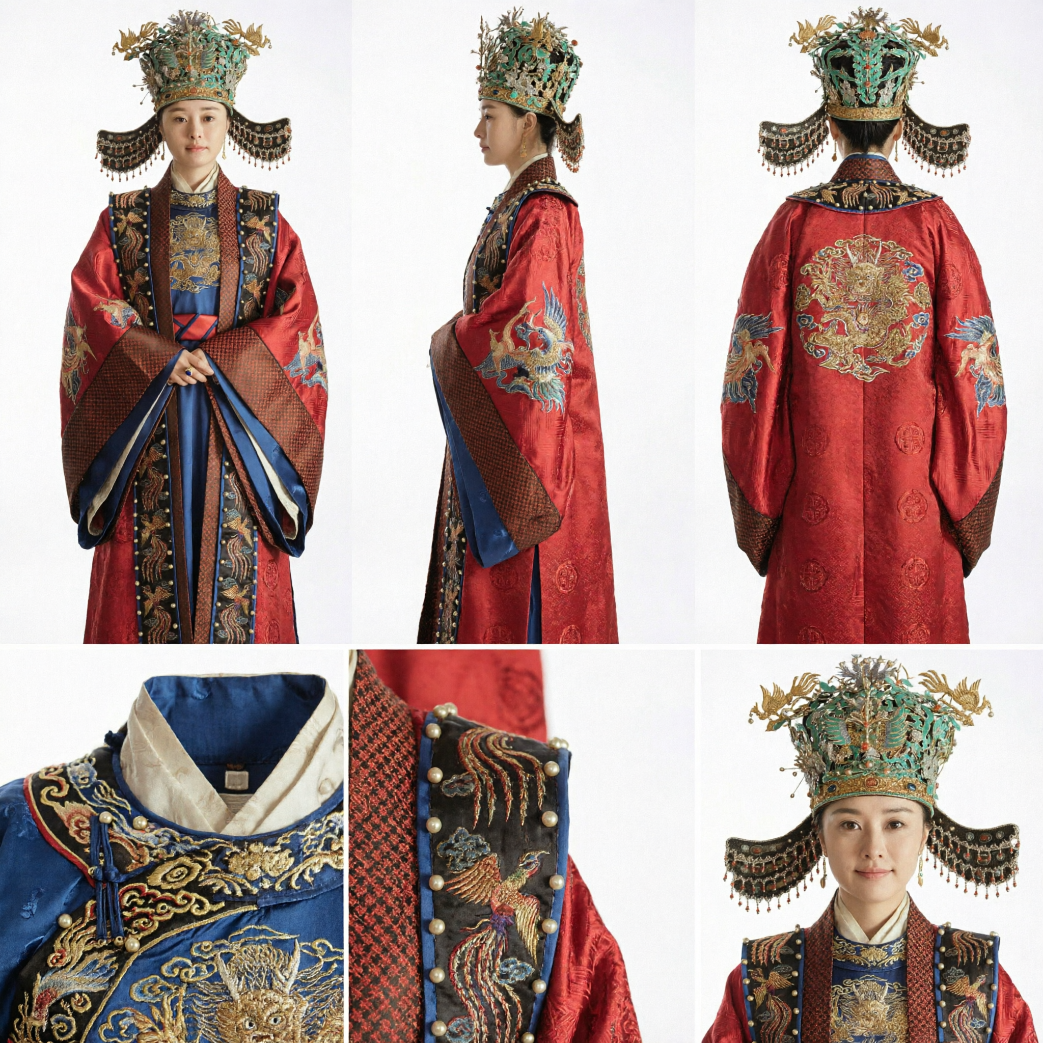 Conjunto de Traje Hanfu de Emperatriz de la Dinastía Ming Tradicional Chino con Corona Elaborada de Fénix y Túnica Roja - Asian Costume