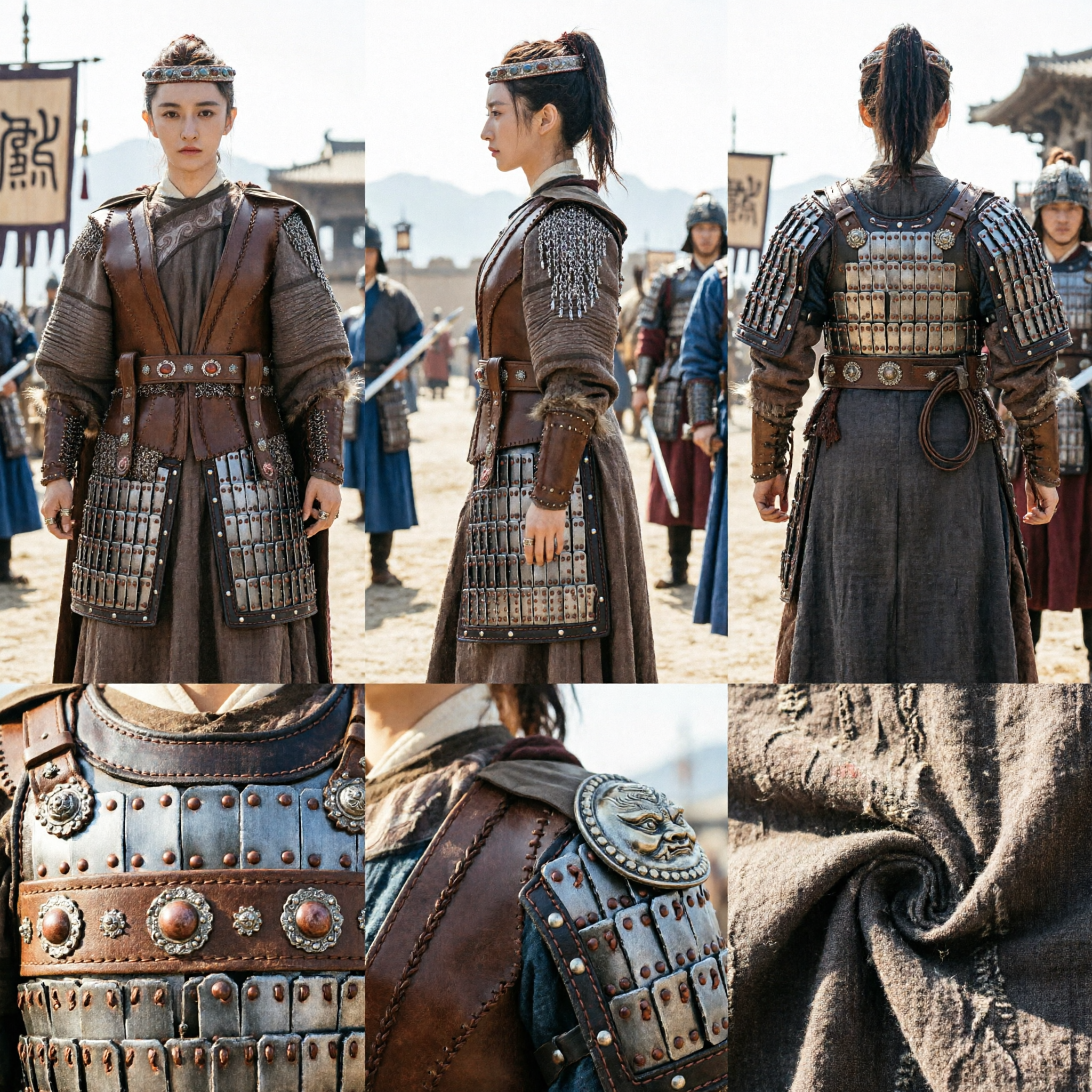 古代中国女性戦士衣装 茶色革鎧チェインメイル 漢服コスプレ衣装 女性用 - Asian Costume