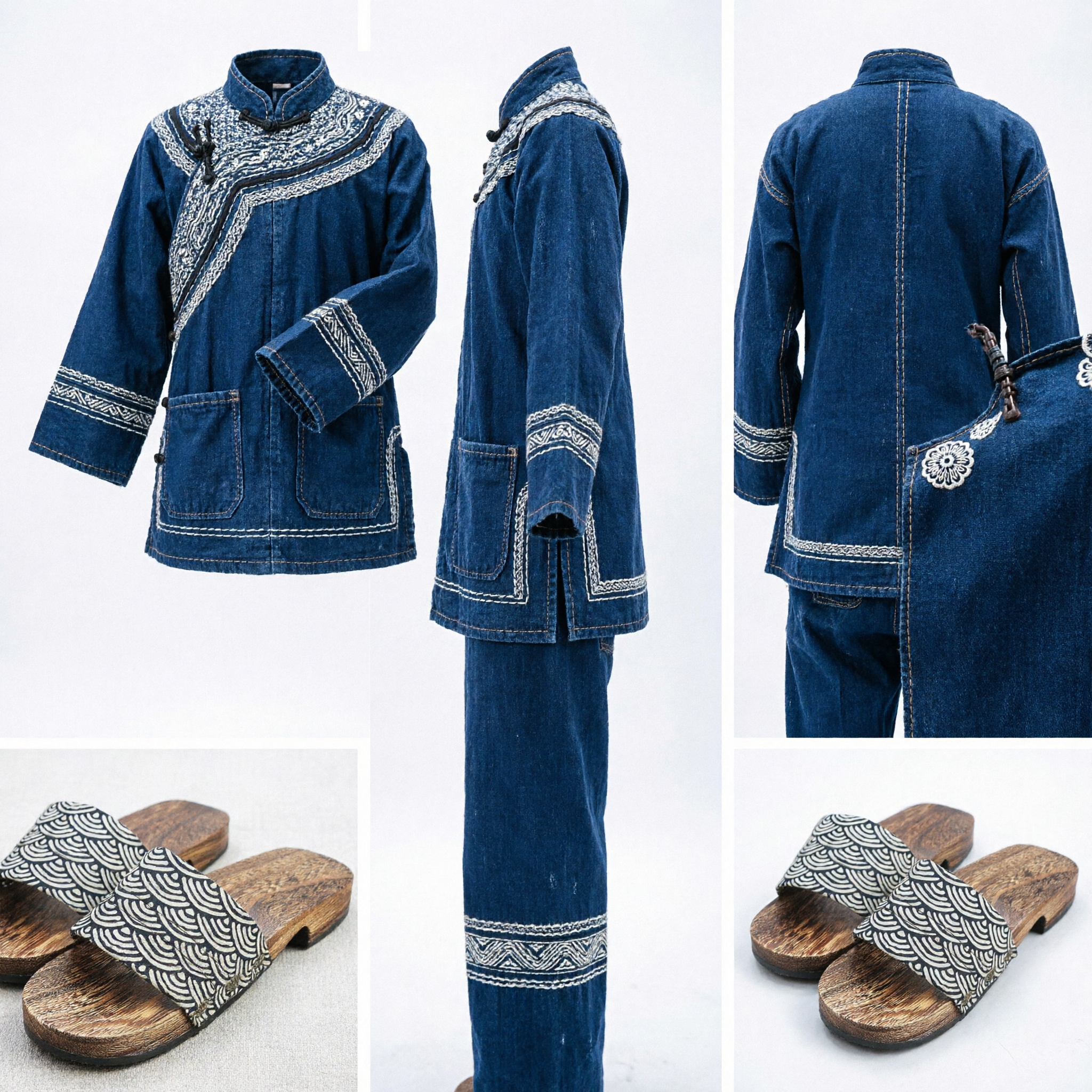 Geta japonais traditionnels en bois avec lanières motif Seigaiha (vagues) pour hommes et femmes, festival Kimono - Asian Costume