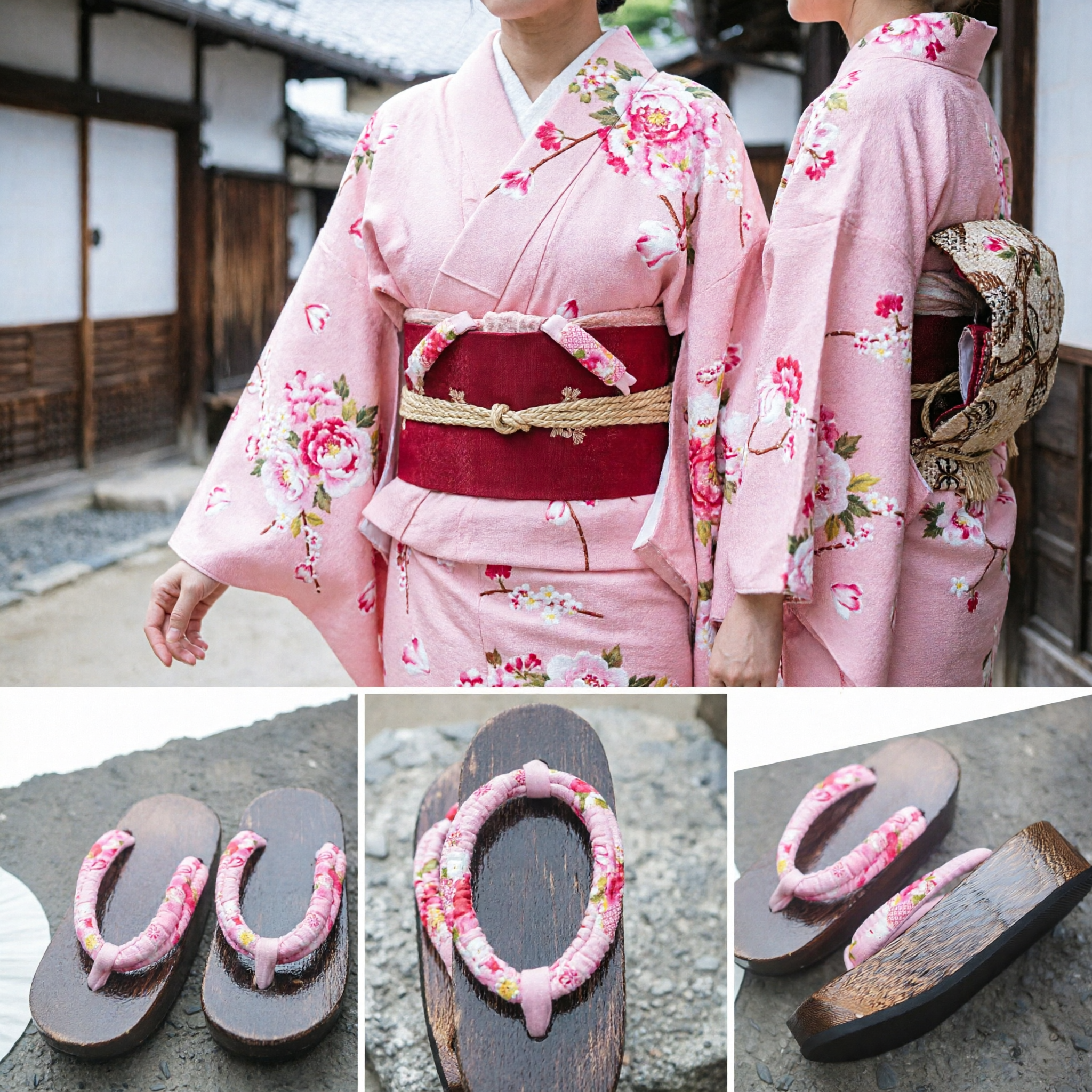 Sandales Geta japonaises traditionnelles en bois - Chaussures à plateforme à tong motif floral rose pour femmes, festival Kimono Yukata - Asian Costume