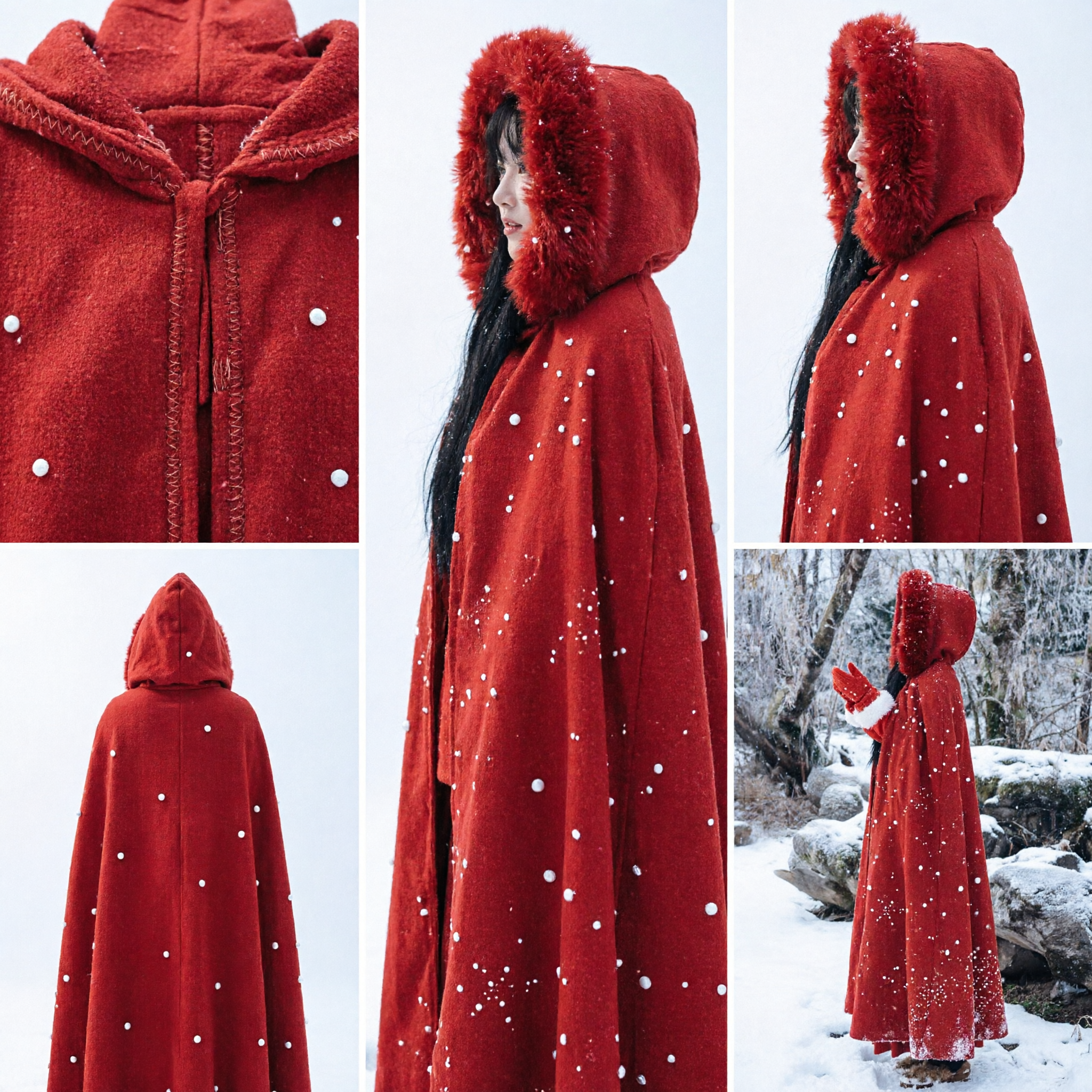Traditionele Chinese Rode Capuchonmantel Cape met Bontafwerking voor Vrouwen Hanfu Winter Cosplay Fotografie - Asian Costume