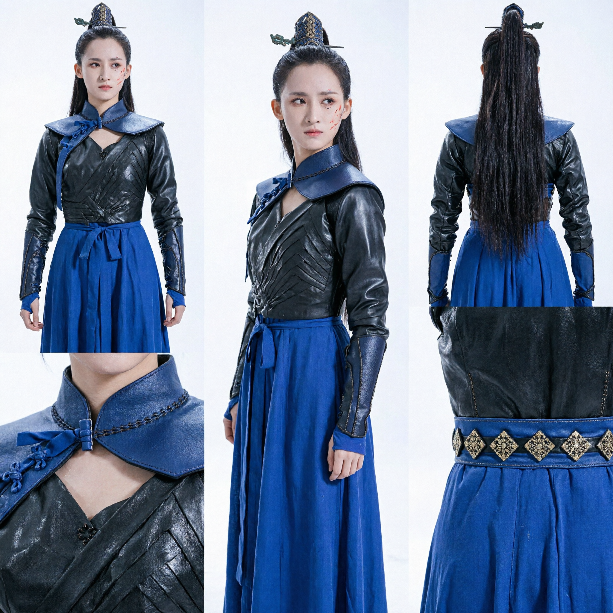 古代中国 女性戦士衣装 黒革鎧 青スカート 武侠 コスプレ 衣装 女性用 - Asian Costume