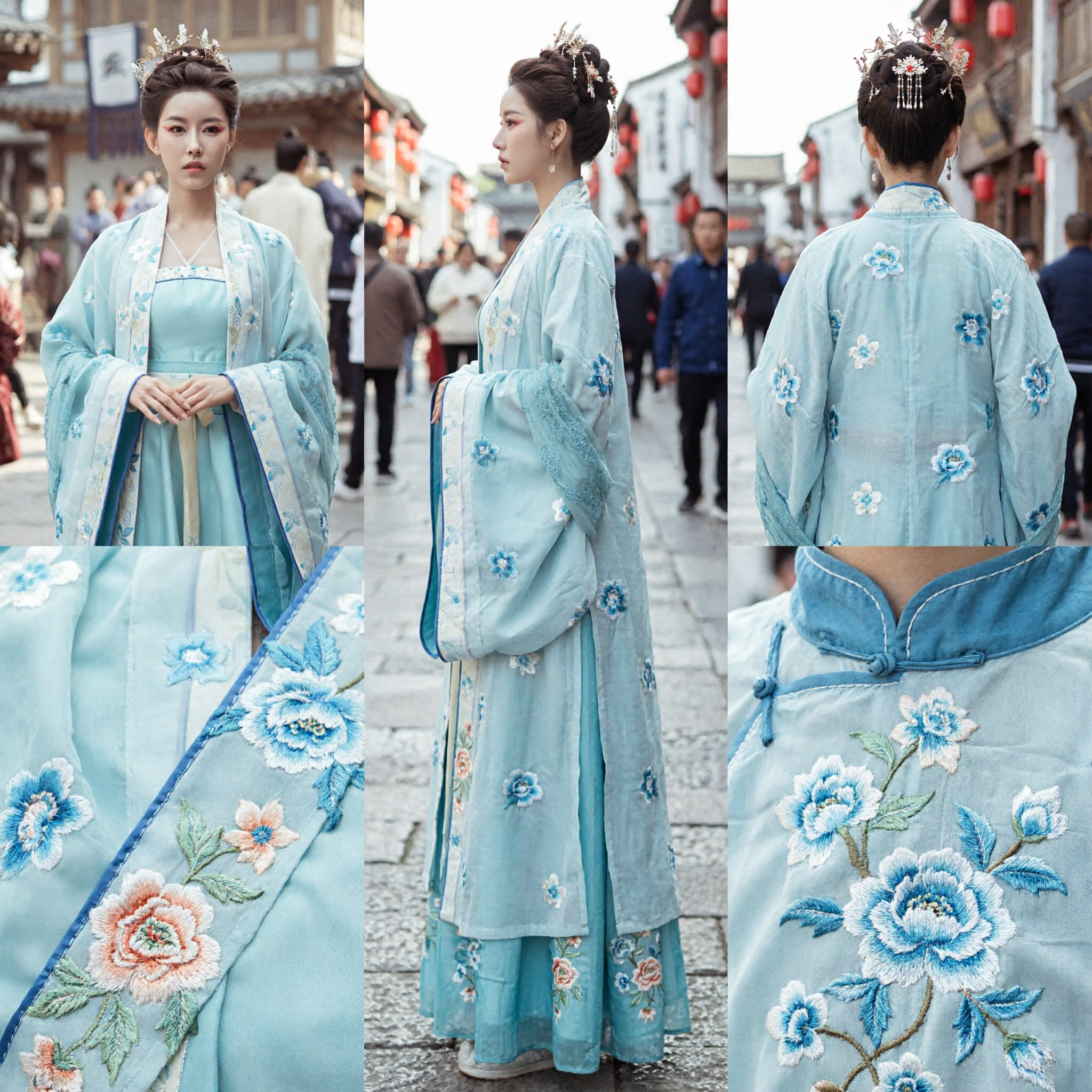 Elegancka jasnoniebieska tradycyjna chińska suknia Hanfu, starożytny haftowany kwiatowy płaszcz dla kobiet do fotografii i wydarzeń - Asian Costume