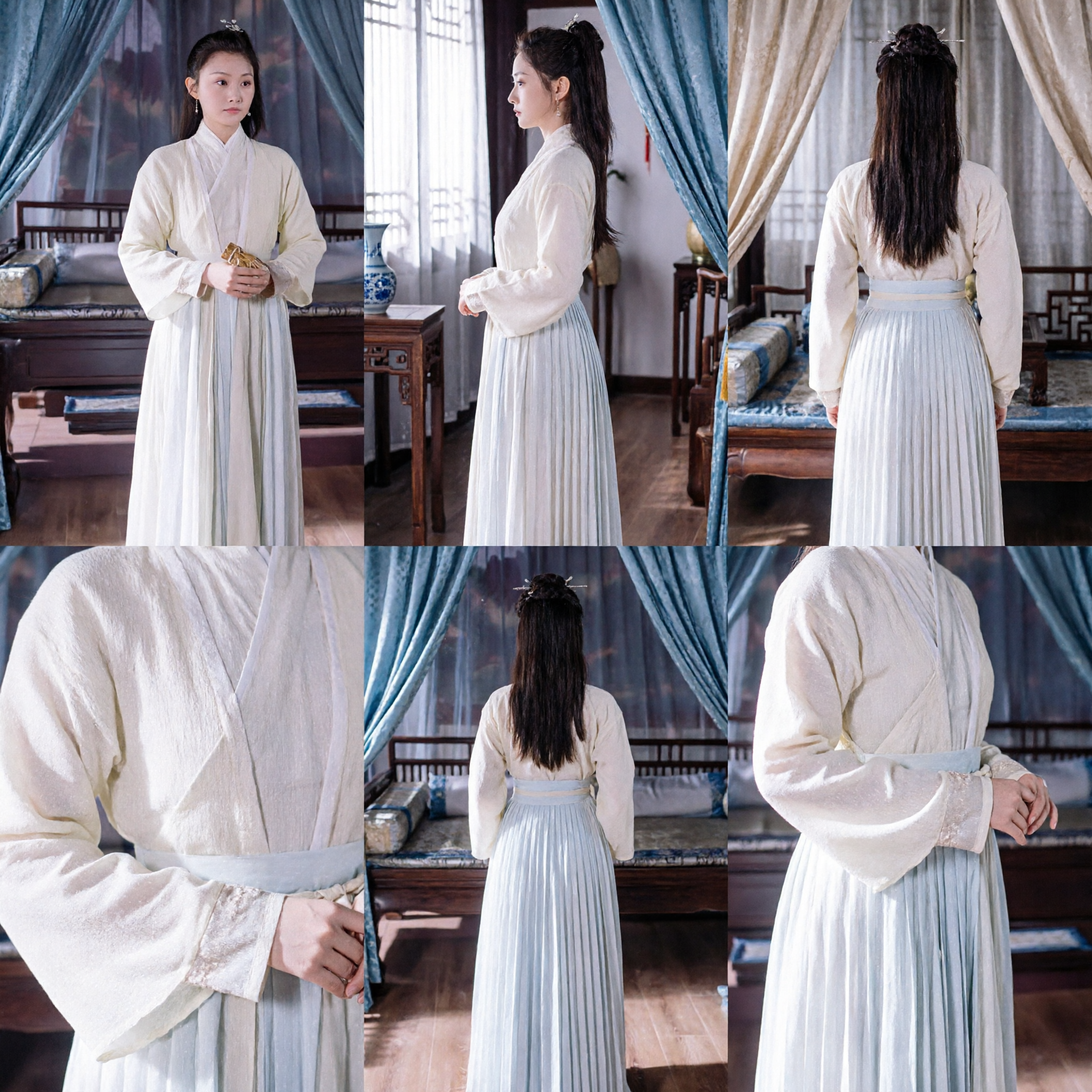 중국 고대 한푸 전통 흰색 교령 상의와 주름 치마 세트 역사 복장 (여성용) - Asian Costume