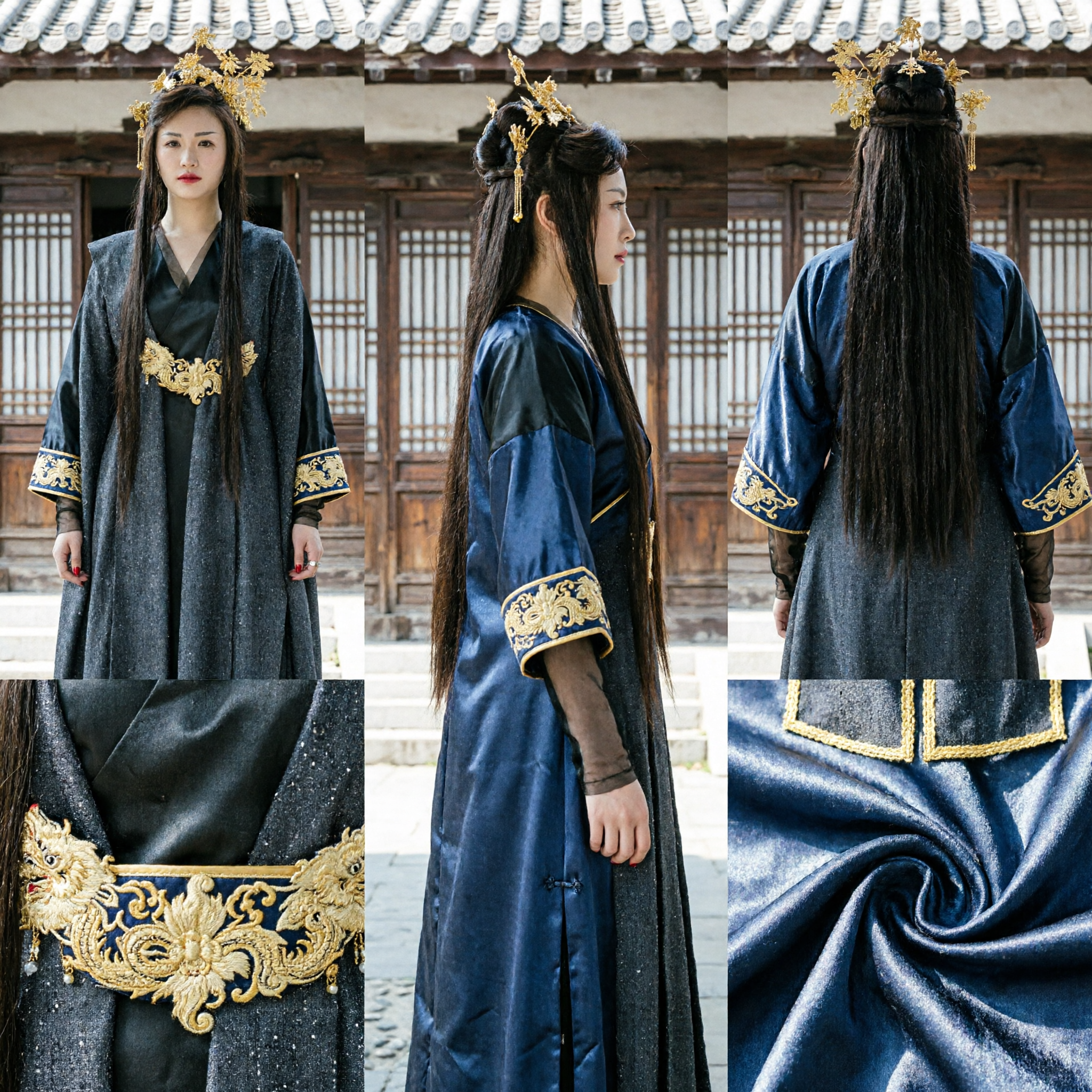 Traje de Emperatriz China Antigua Túnica con Capa Gris Oscuro Hanfu Tradicional con Cinturón Dorado para Mujeres Cosplay - Asian Costume
