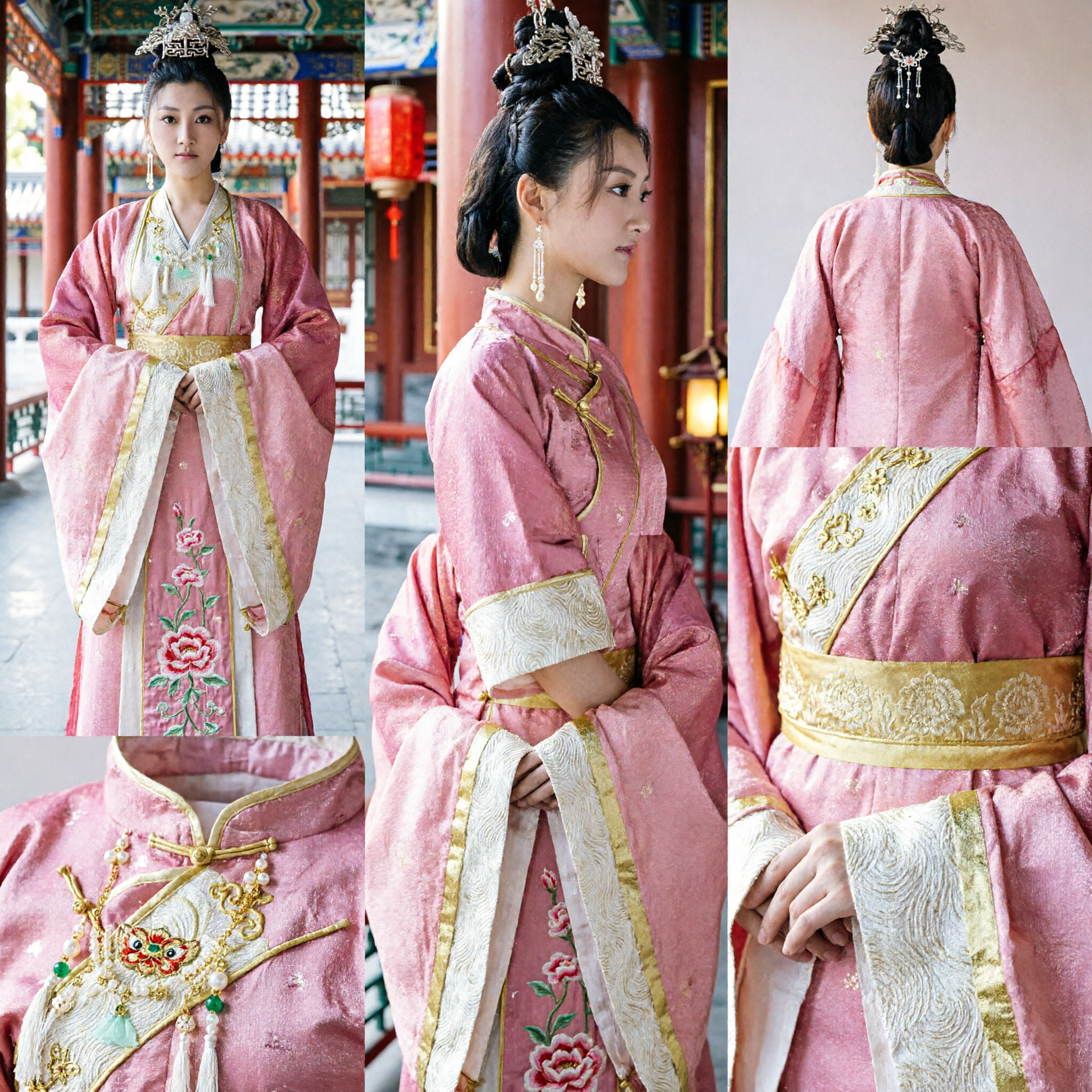 Elegantes rosa antikes chinesisches Hanfu-Kleid, Palastprinzessinnen-Kostüm mit Stickerei für Historien-Drama-Cosplay - Asian Costume