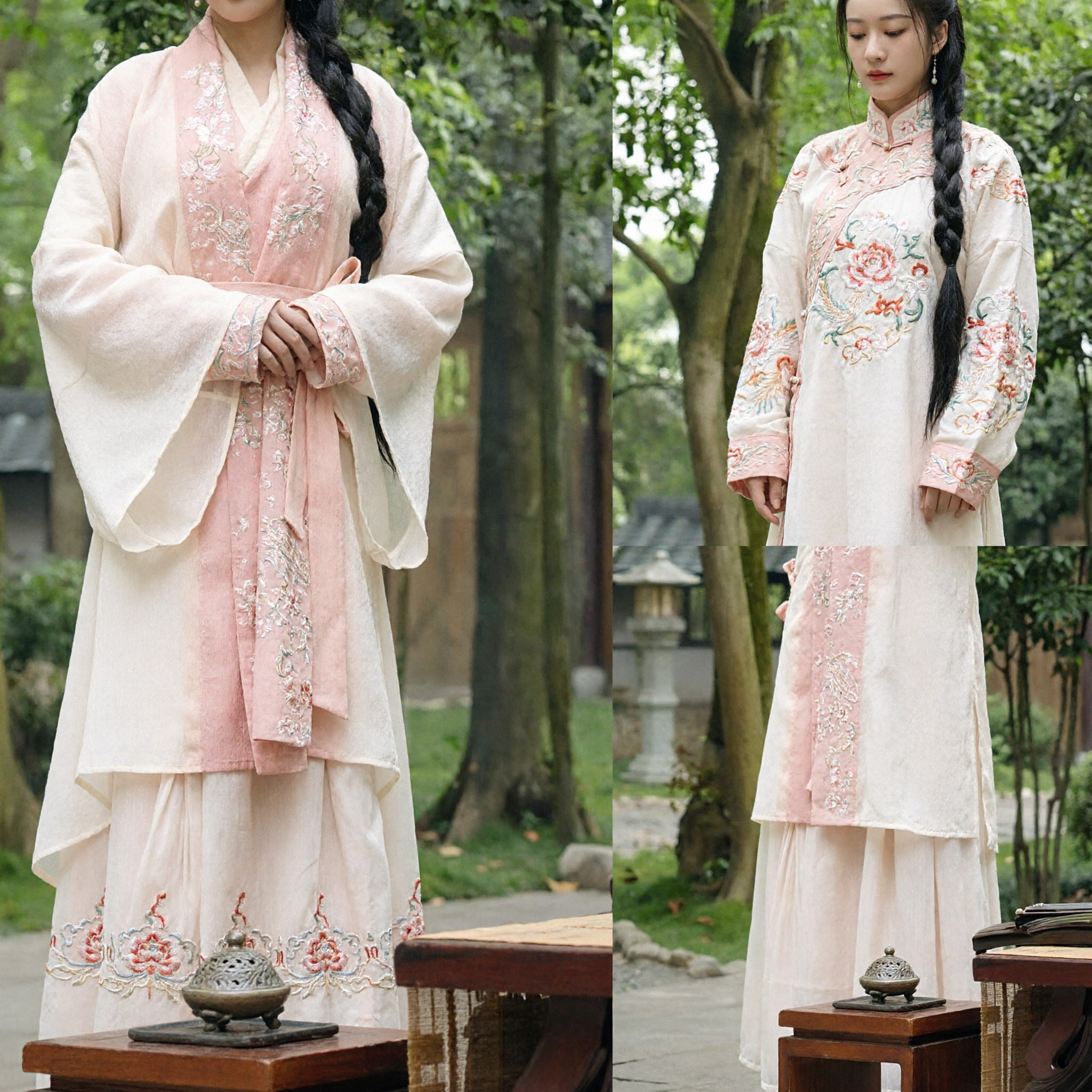 Hanfu Tradicional Chinês Elegante Rosa Traje Antigo Conjunto de Robe Externo Bordado e Saia para Mulheres - Asian Costume