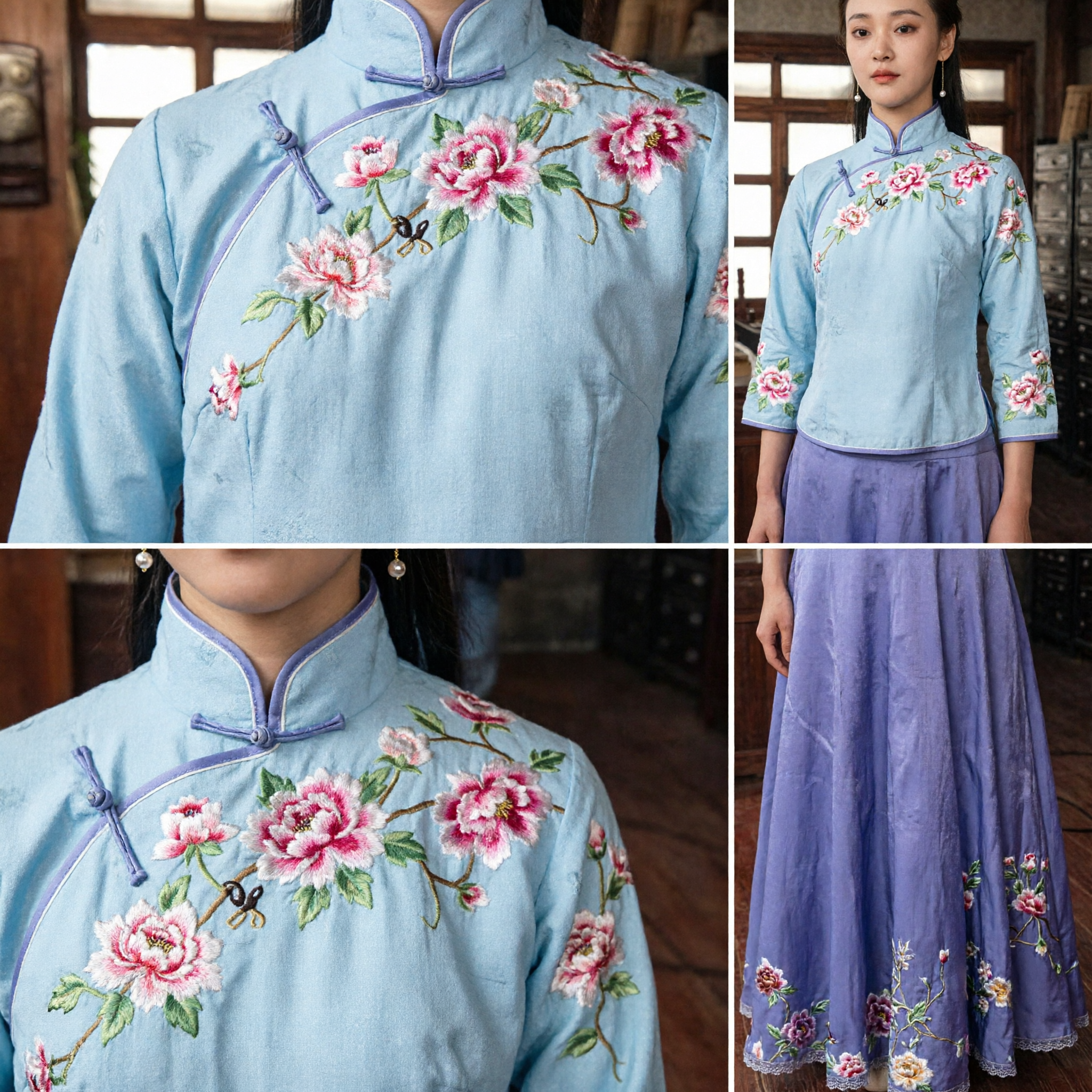 Vrouwen Republikeins Tijdperk Minguo Studentenkostuum Blauw Geborduurd Bloes en Lange Rok Traditionele Chinese Kledingset - Asian Costume