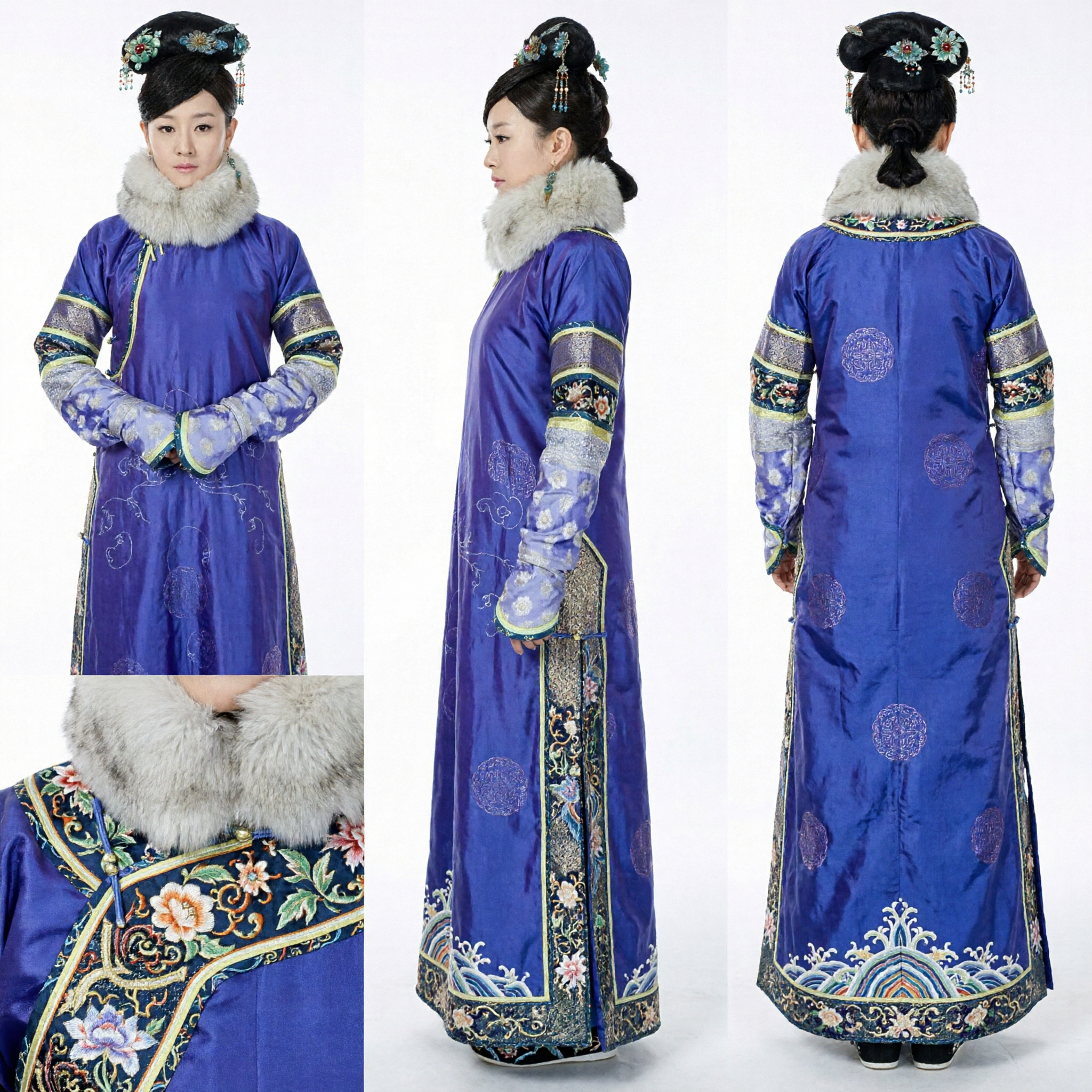 Costume de Princesse de la Dynastie Qing Traditionnelle - Robe de Soie Violette Brodée avec Col en Fourrure et Coiffe pour Cosplay Femmes - Asian Costume
