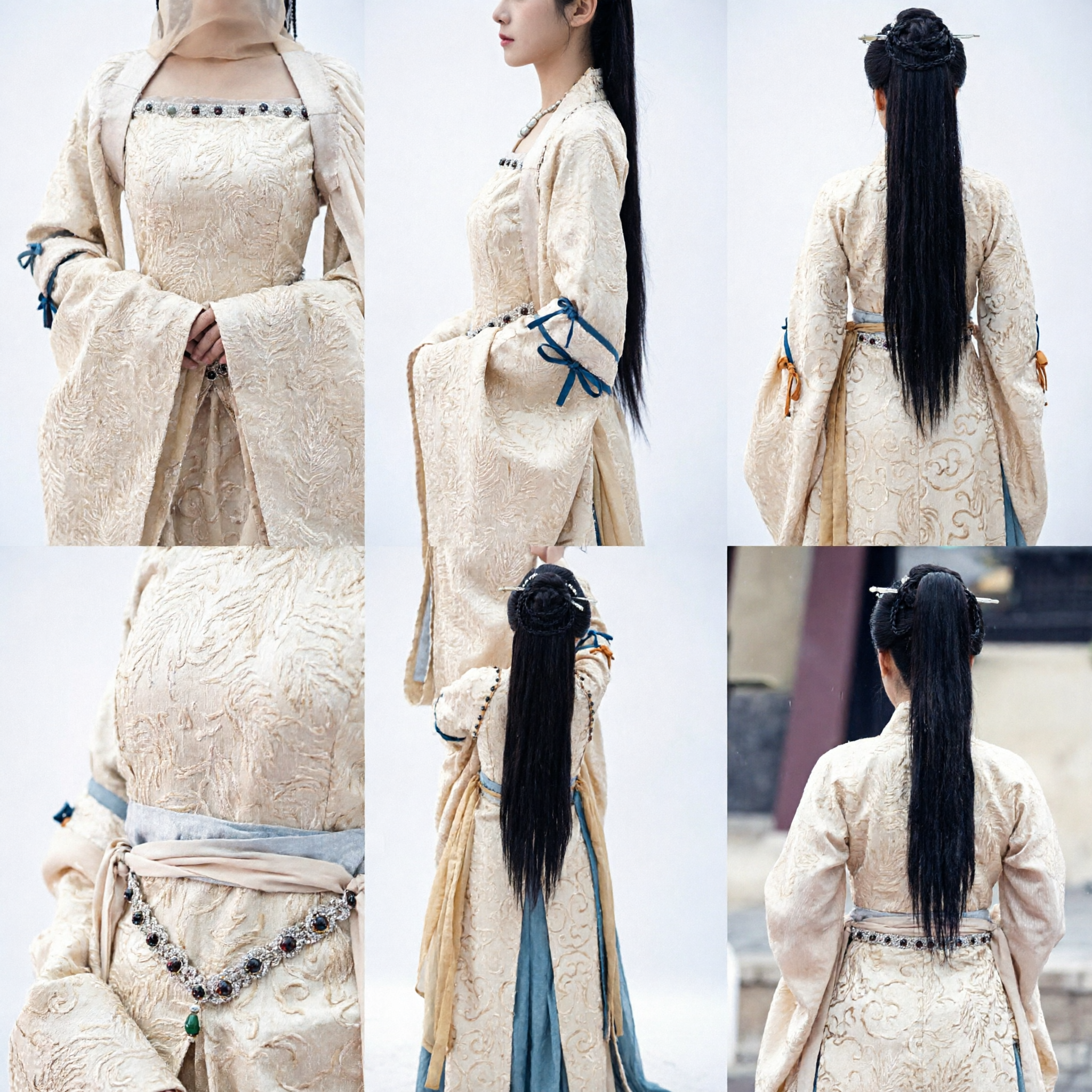 Costume Hanfu de la Dynastie Tang Chinoise Ancienne pour Femmes - Robe Beige en Brocart avec Voile pour Cosplay et Spectacle - Asian Costume