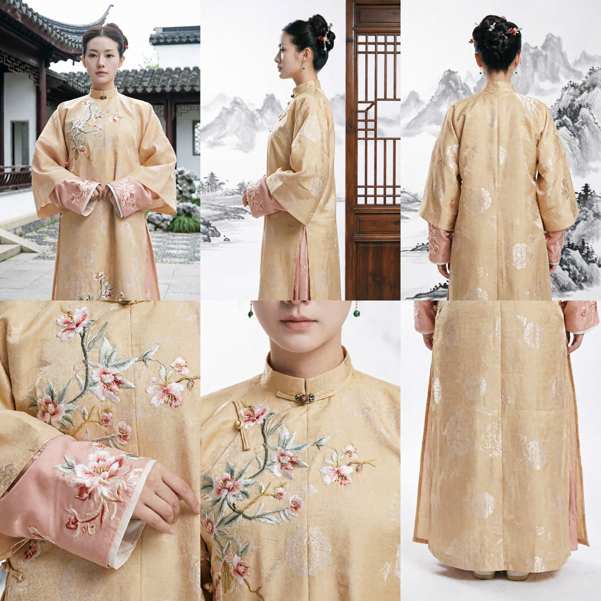 Hanfu de la Dinastía Ming China Tradicional Long Ao Túnica de Seda Albaricoque Traje Bordado Floral para Ceremonia Nupcial de Mujer - Asian Costume