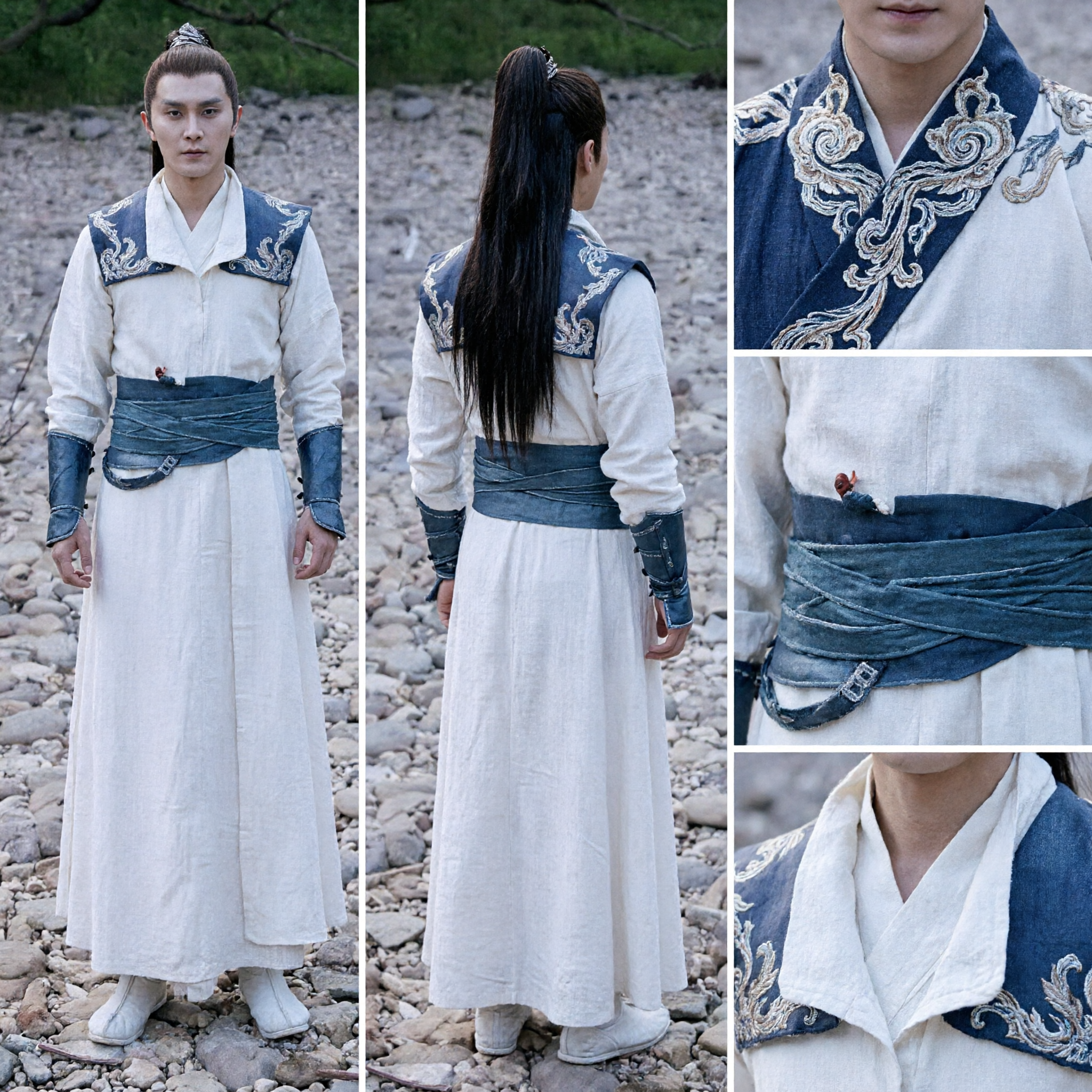 Männer antikes chinesisches Ritterkostüm weiß-blau Hanfu Wuxia Schwertkämpfer Gewand für Cosplay Auftritt - Asian Costume