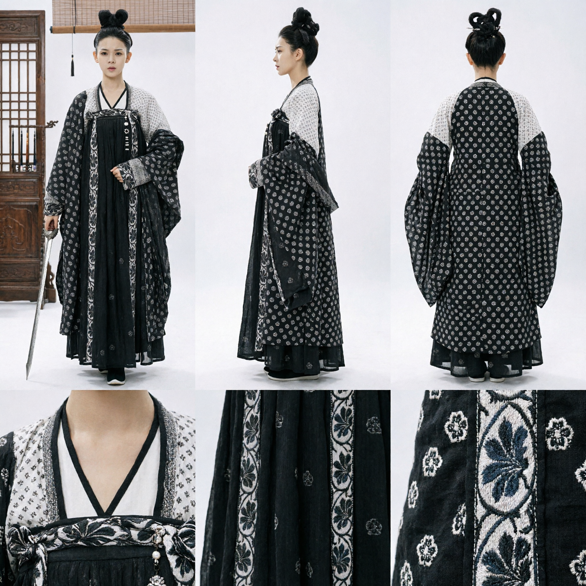 Costume Cinese Tradizionale per Donne Hanfu Dinastia Tang Abito Antico Nero Floreale da Spadaccina Wuxia - Asian Costume