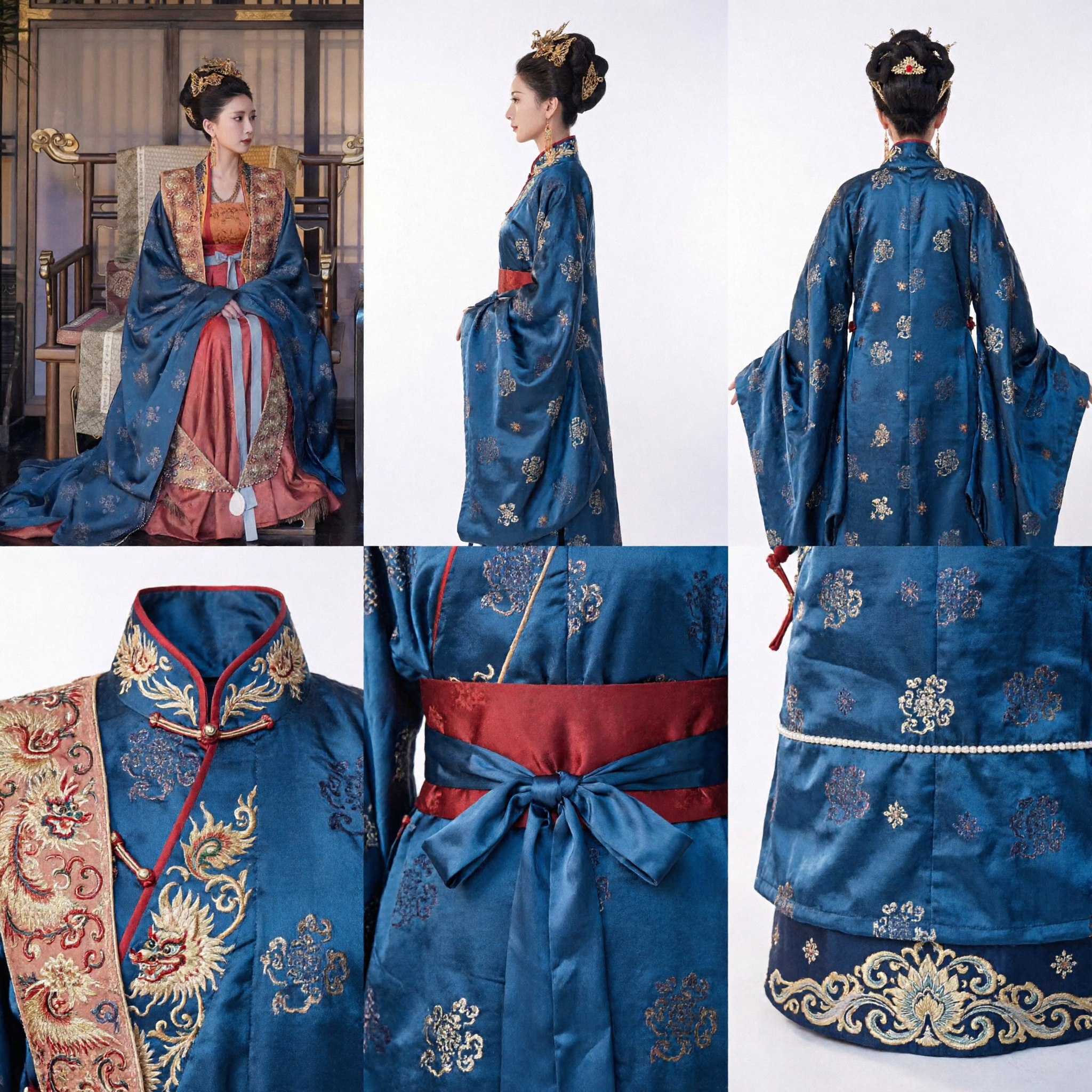 Ancient Chinese Traditional Tang Dynasty Noble Lady Costume Blue Brocade Robe Hanfu for Women - Asian Costume