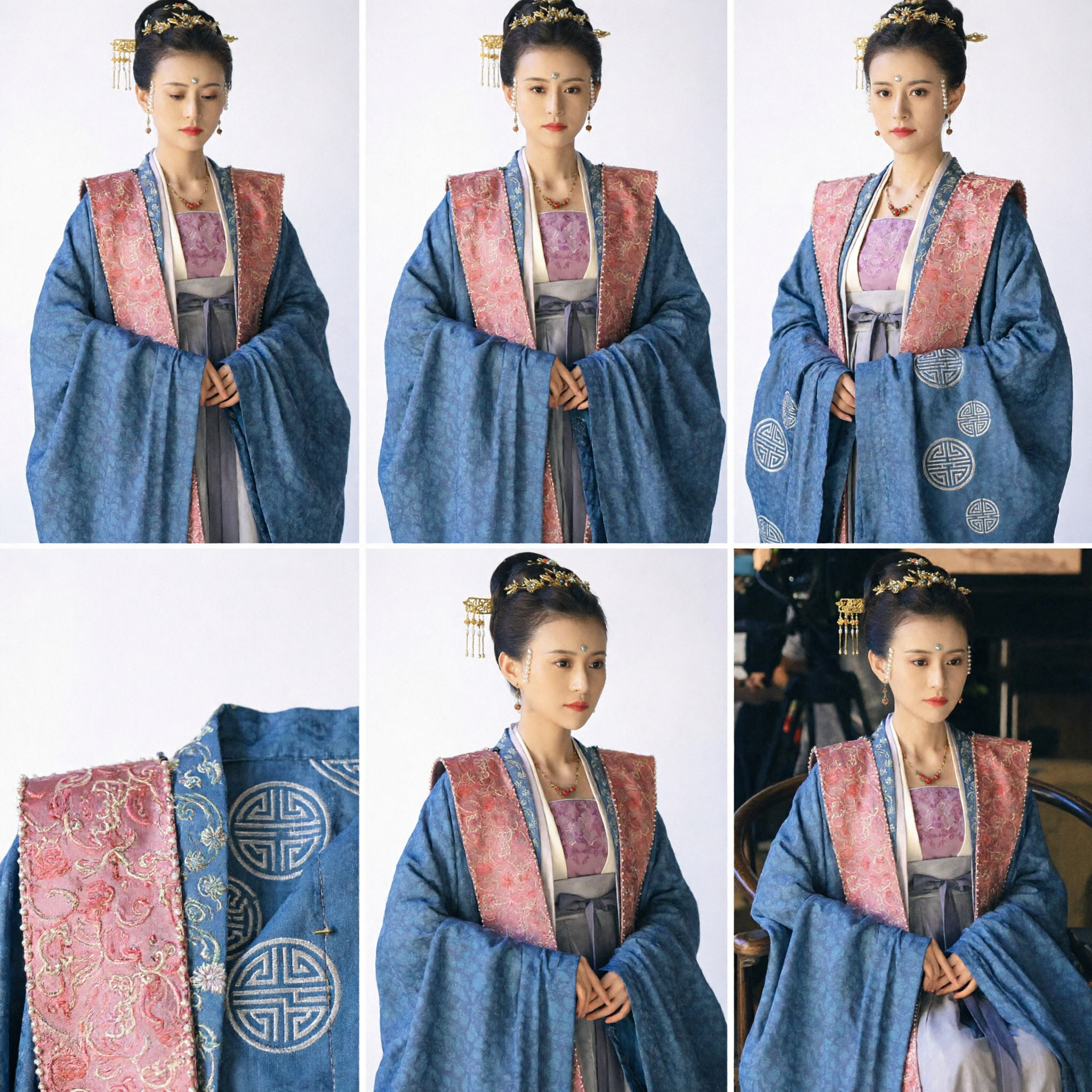 Traje Tradicional Chinês Hanfu - Robe Azul e Colete Rosa Bordado da Dama do Palácio da Dinastia Song para Mulheres - Asian Costume
