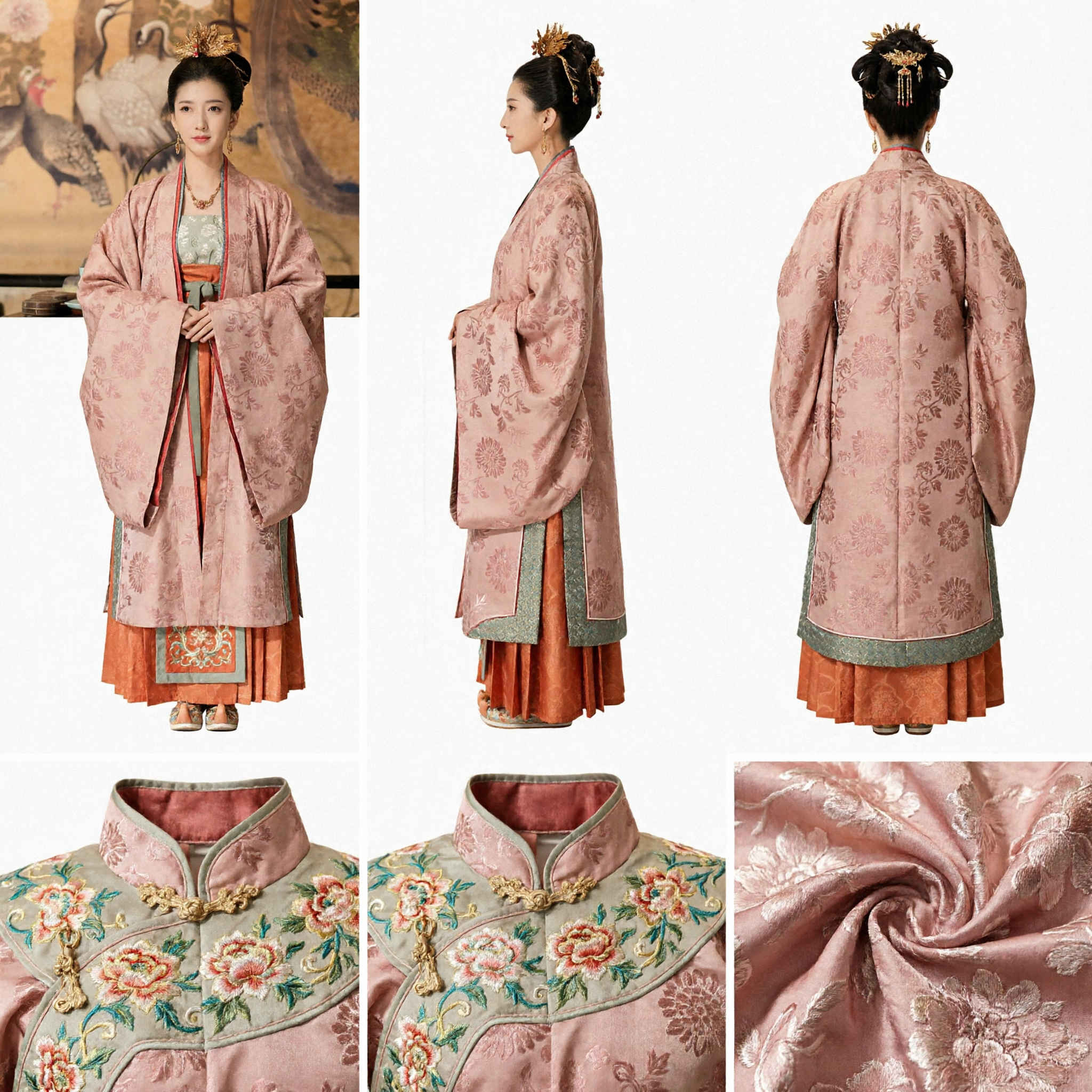 Traje Chinês Antigo Hanfu - Robe Rosa Floral de Dama Nobre da Dinastia Song, Vestido Histórico para Mulheres - Asian Costume