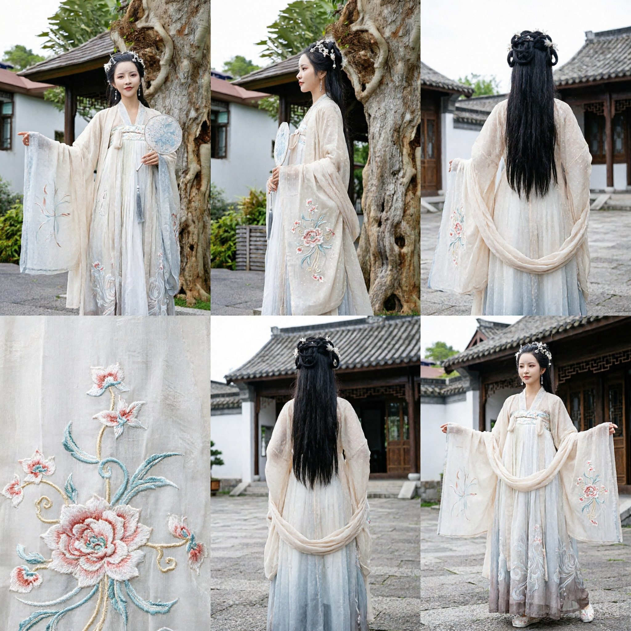 伝統的中国漢服コスチューム 古代仙女ドレス 白刺繍広袖ガウン 女性用 - Asian Costume