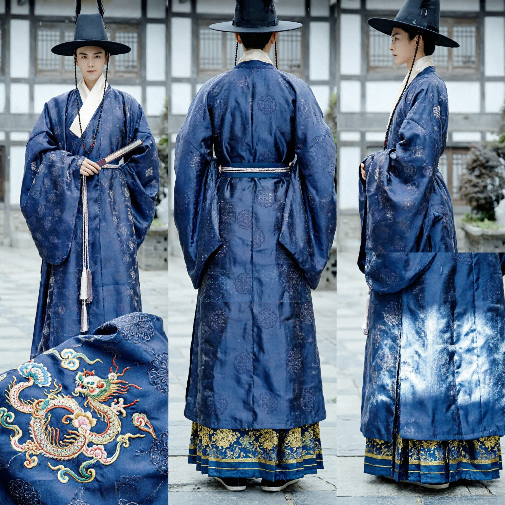 Traditionelles chinesisches Männer-Hanfu, antikes Gelehrtenkostüm, blauer Brokatmantel mit Federhut für Cosplay und Fotografie - Asian Costume