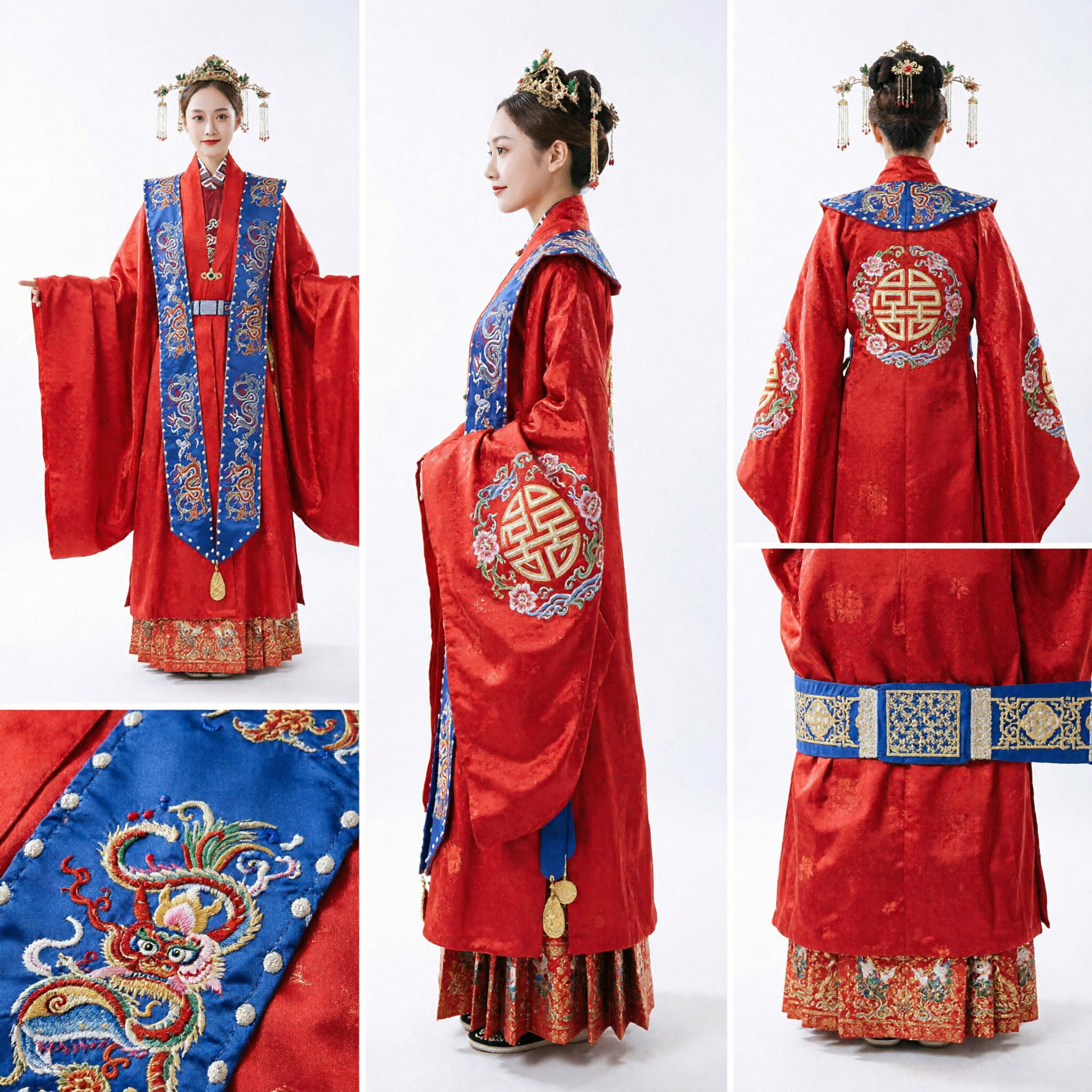 Traditionele Chinese Trouw Hanfu Rode Japon Oude Ming-dynastie Stijl Bruidskostuum met Geborduurde Blauwe Stola - Asian Costume