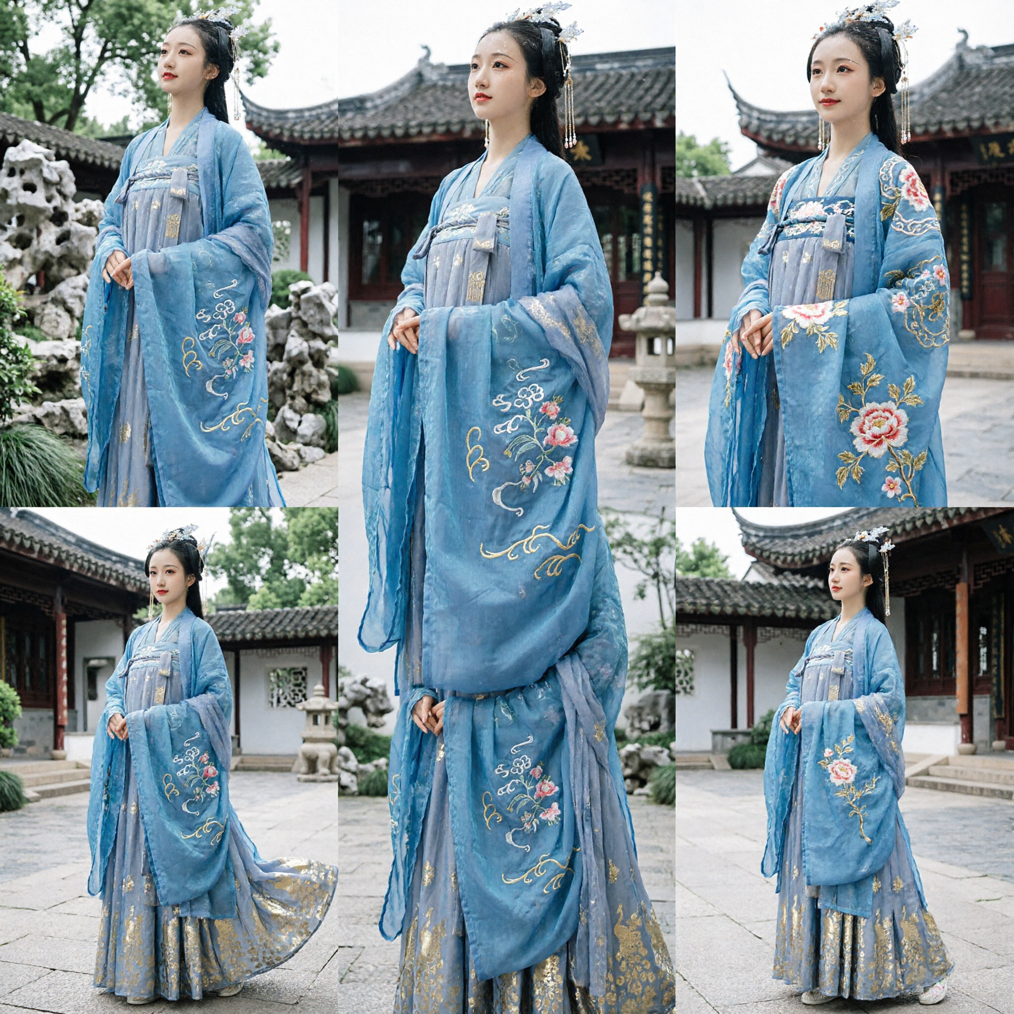 Traditionelles chinesisches Hanfu-Blau mit floraler Stickerei Robe und Goldfolien-Rock Antikes Feenkostüm für Frauen - Asian Costume