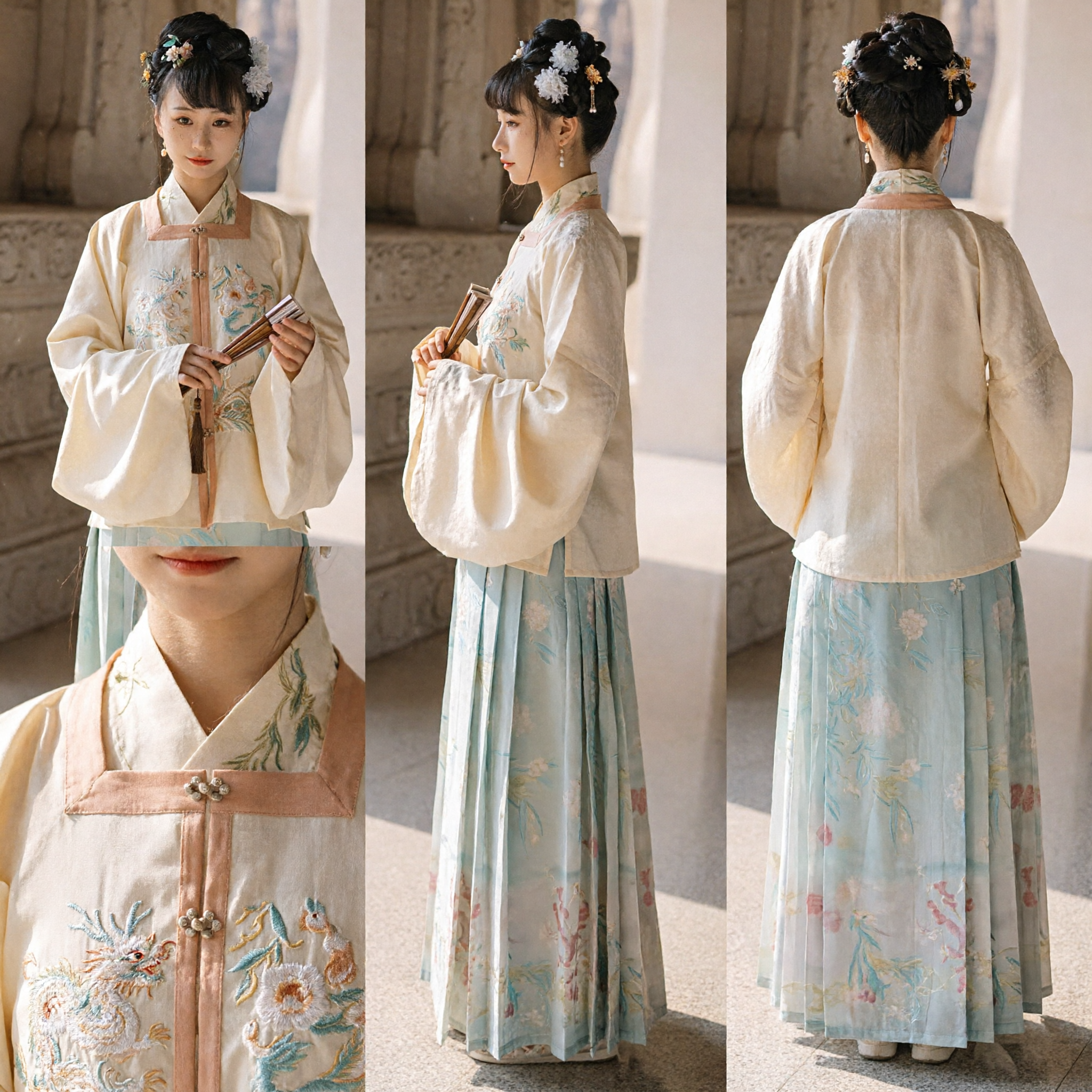 Oud Chinees Hanfu Kostuum Song-dynastie Stijl Geborduurde Crème Top en Bloemen Plooirok Set voor Vrouwen - Asian Costume