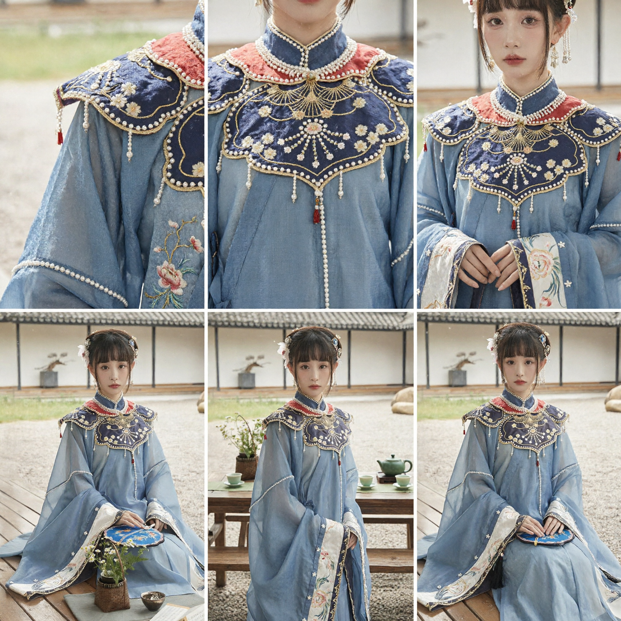 Elegancki niebieski Hanfu z dynastii Ming dla kobiet z haftowanym kołnierzem Yunjian (chmura), tradycyjny chiński strój - Asian Costume