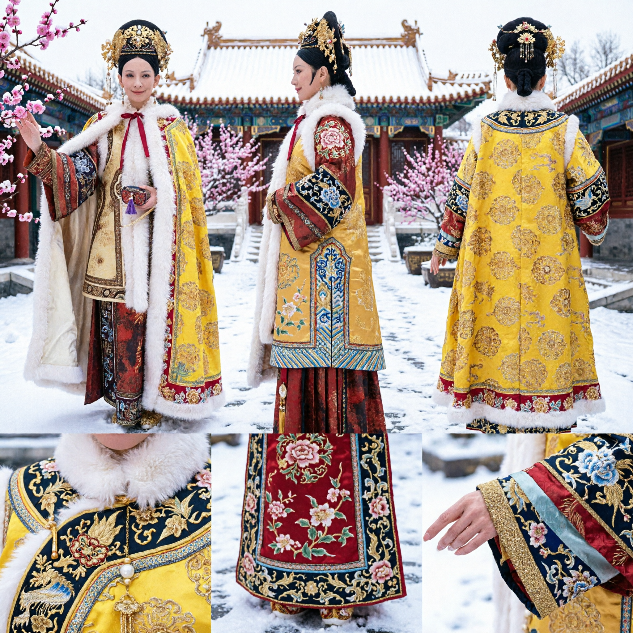 전통 중국 고대 황후 의상 여성용 노란색 자수 장식 퍼 트림 코스프레 및 공연용 로브 - Asian Costume