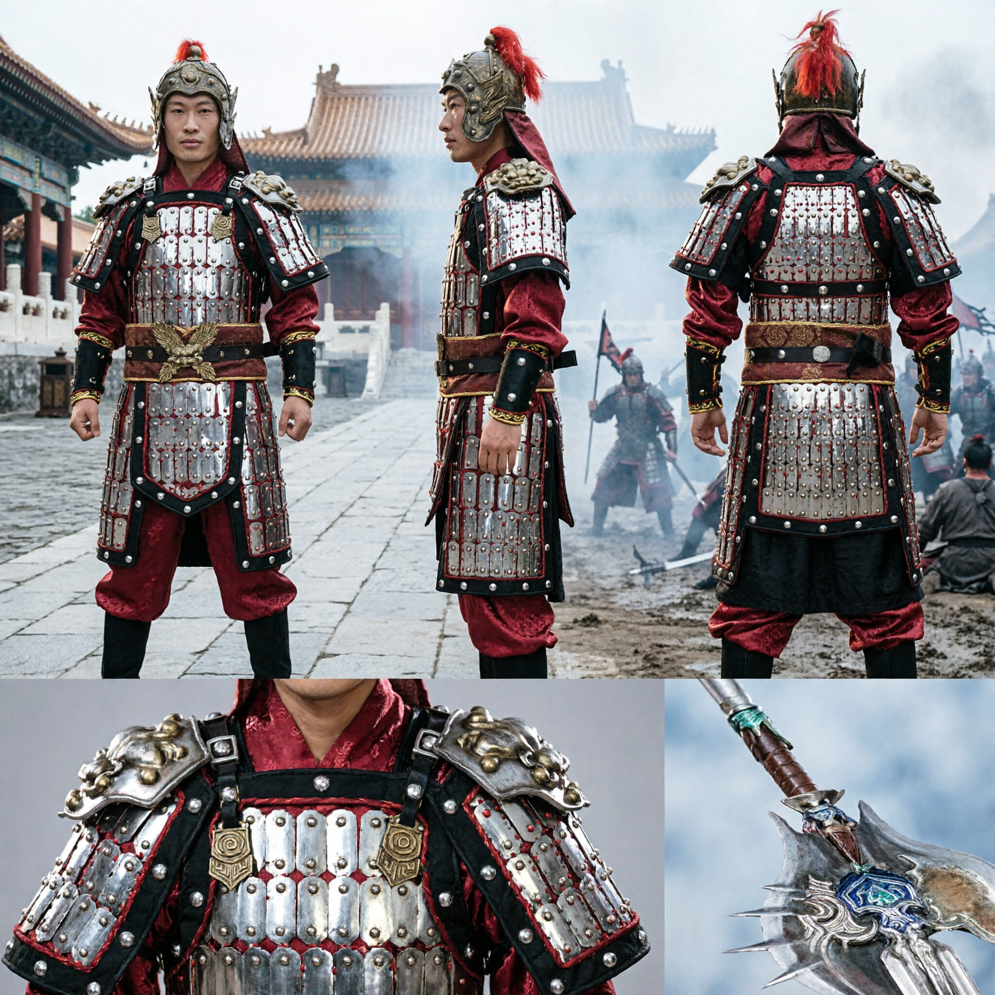 Traje Completo de Cosplay de Armadura de Guerreiro General Chinês Antigo para Homens, com Capacete e Adereço de Lança - Asian Costume
