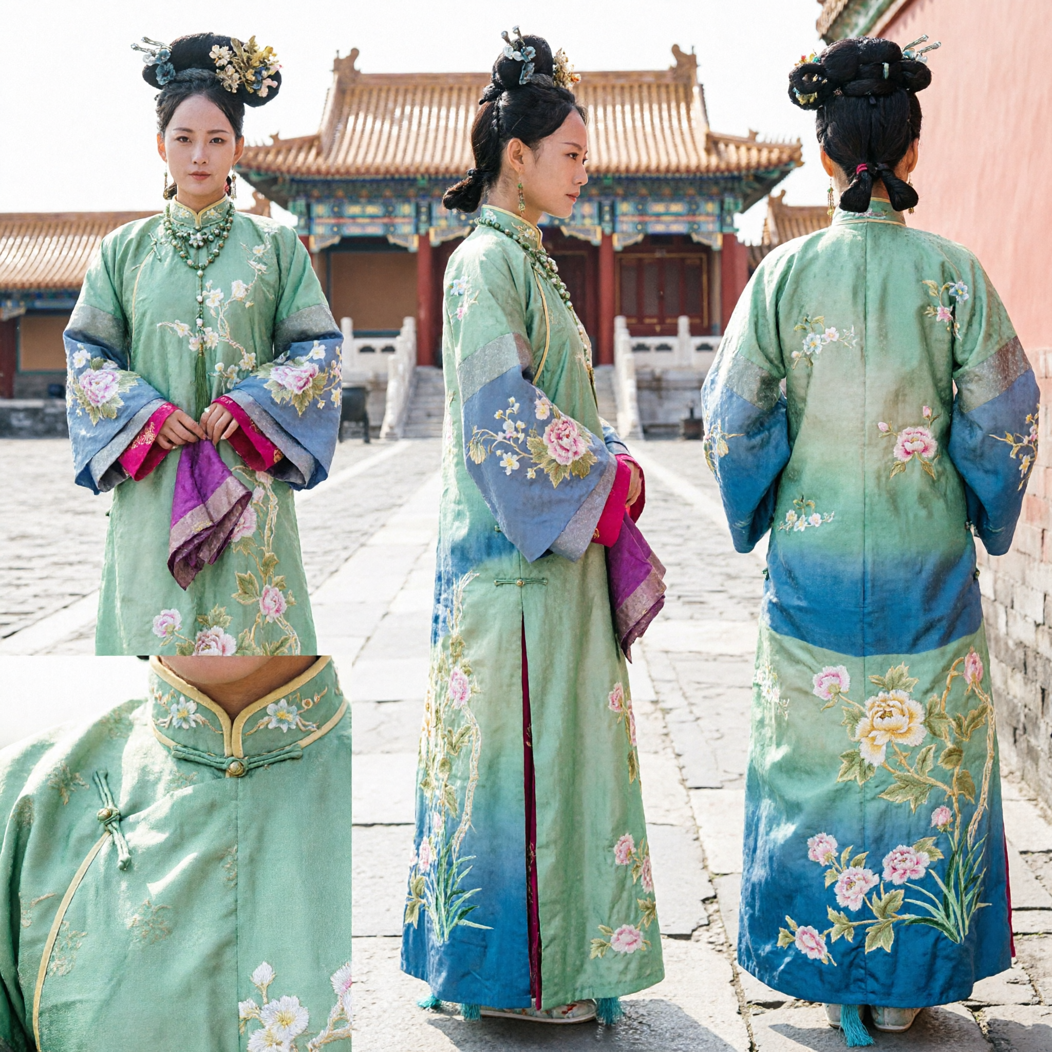 Традиционный китайский костюм эпохи Цин, зеленое платье с цветочной вышивкой для женщин, для дворцовой фотосессии - Asian Costume