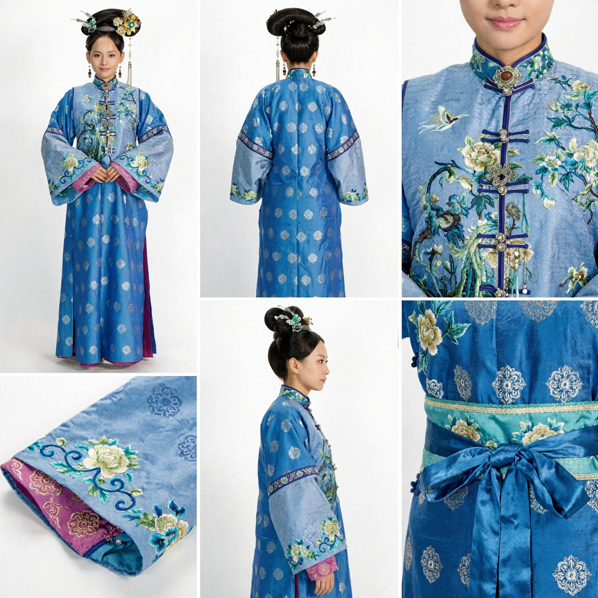 Traje Tradicional de Princesa Manchu da Dinastia Qing Chinesa, Robe Vestido Azul Bordado para Mulheres e Cosplay Histórico - Asian Costume