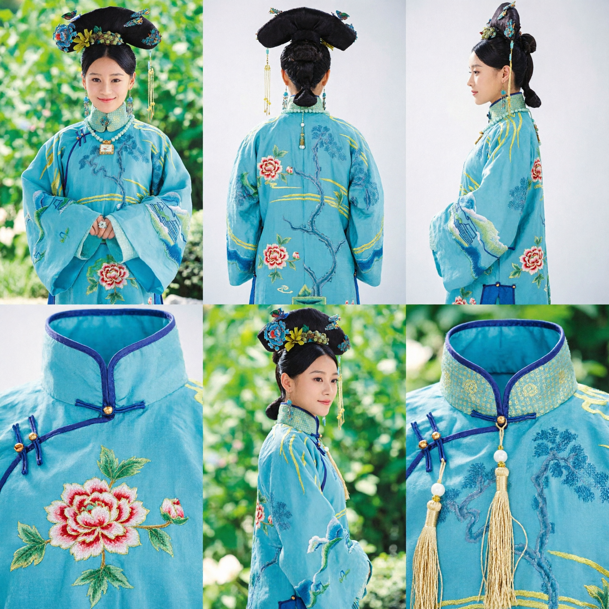 Traje Tradicional de Princesa Manchu da Dinastia Qing Chinesa, Conjunto de Robe Azul Bordado e Tocado para Mulheres e Cosplay - Asian Costume