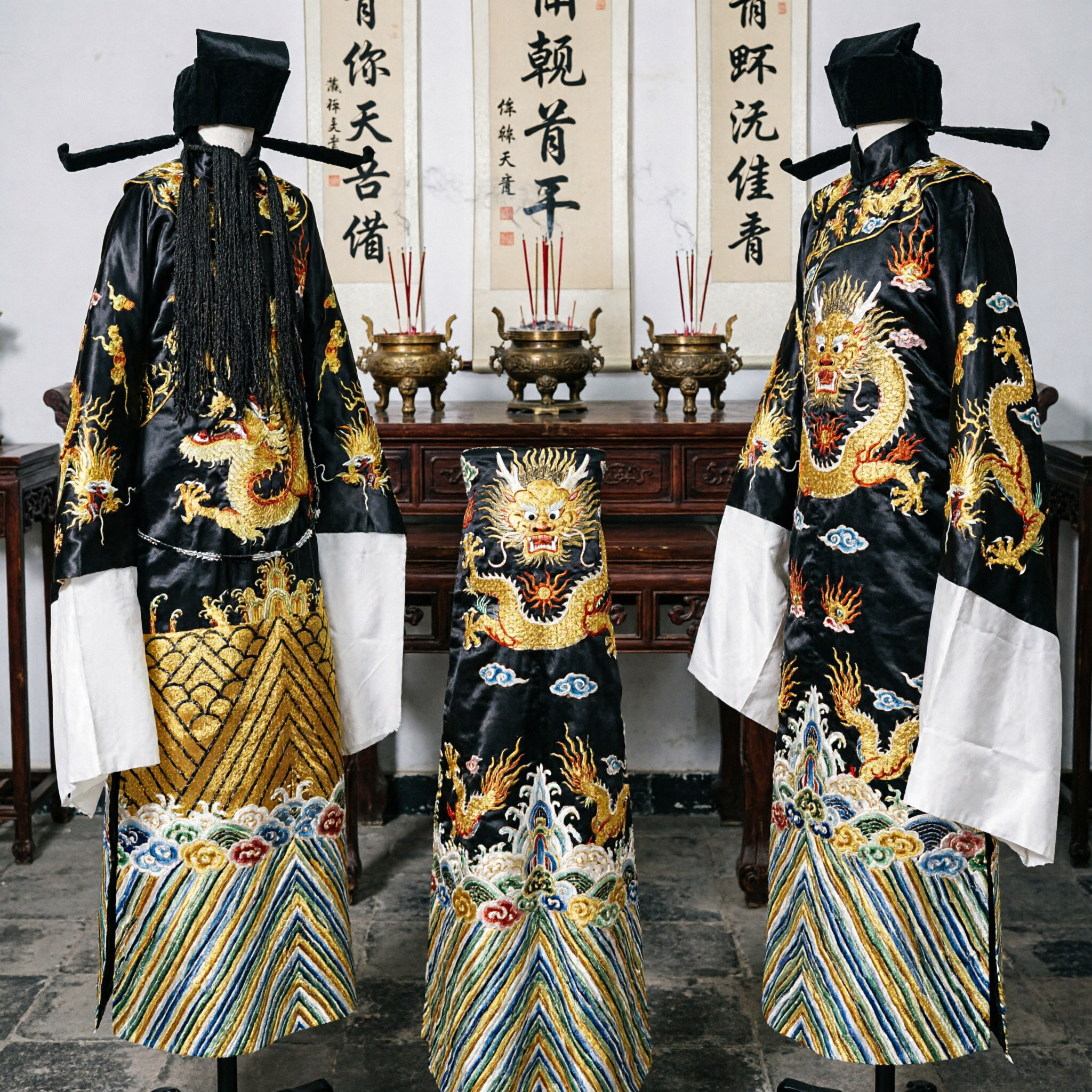 Costume traditionnel d'opéra de Pékin - Robe du dragon noir, vêtement officiel ancien pour hommes avec chapeau pour spectacle sur scène - Asian Costume