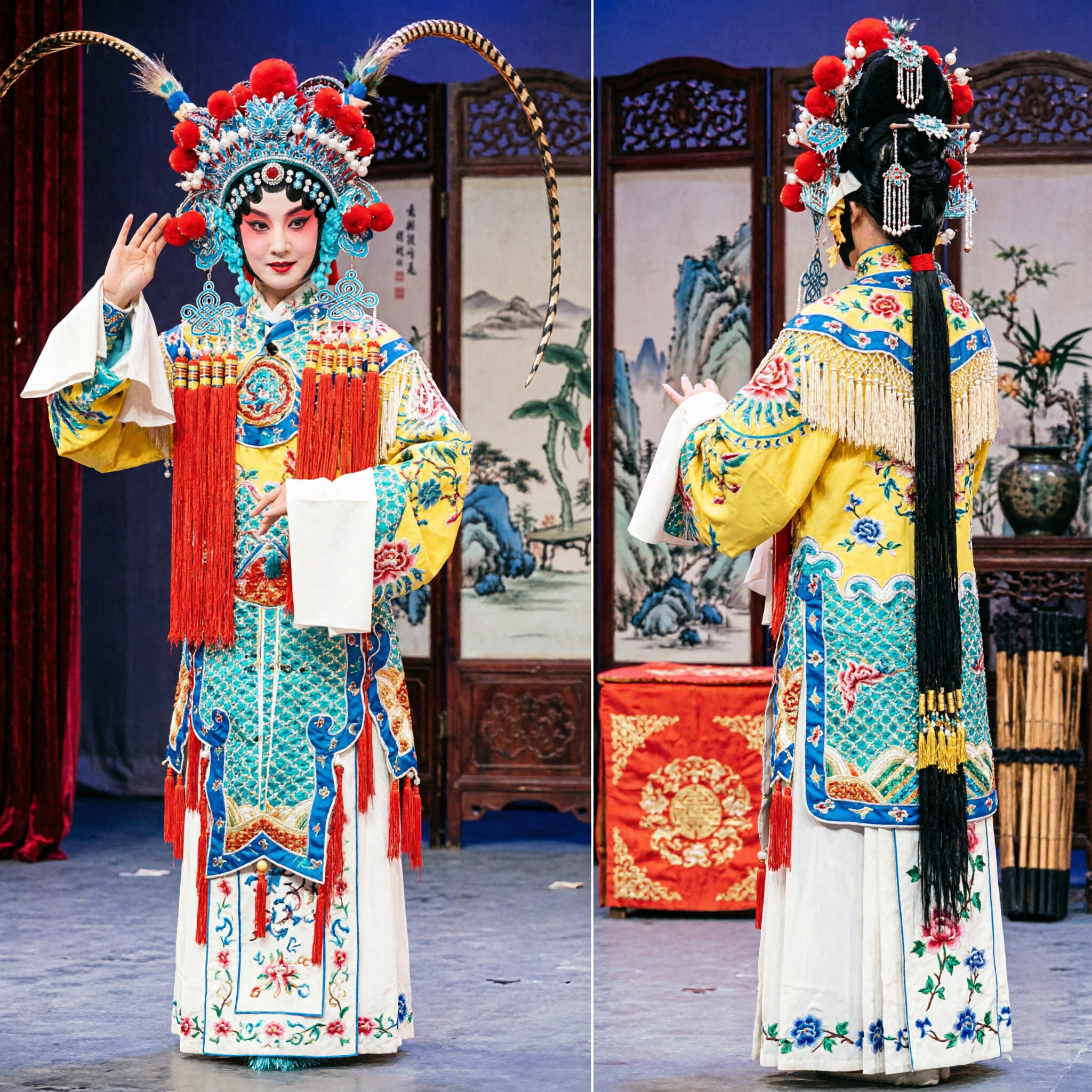 Tradycyjny chiński kostium z opery pekińskiej dla kobiet z haftowaną szatą i nakryciem głowy z piór bażanta do występów scenicznych - Asian Costume