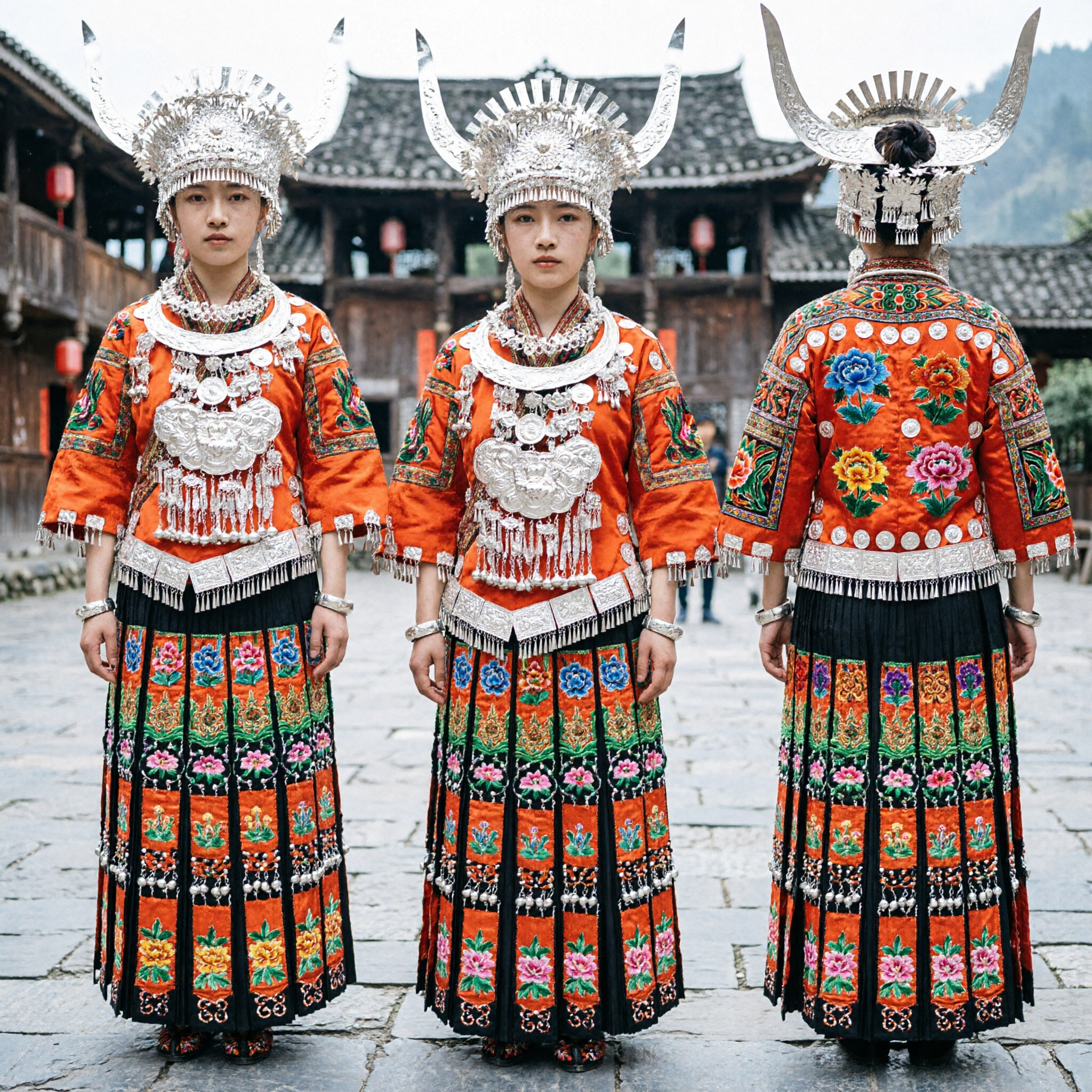 Traditionelles chinesisches Miao-Minderheiten-Kostüm mit aufwendigem Silber-Kopfschmuck und besticktem rotem Kleid für Bühnenauftritte - Asian Costume
