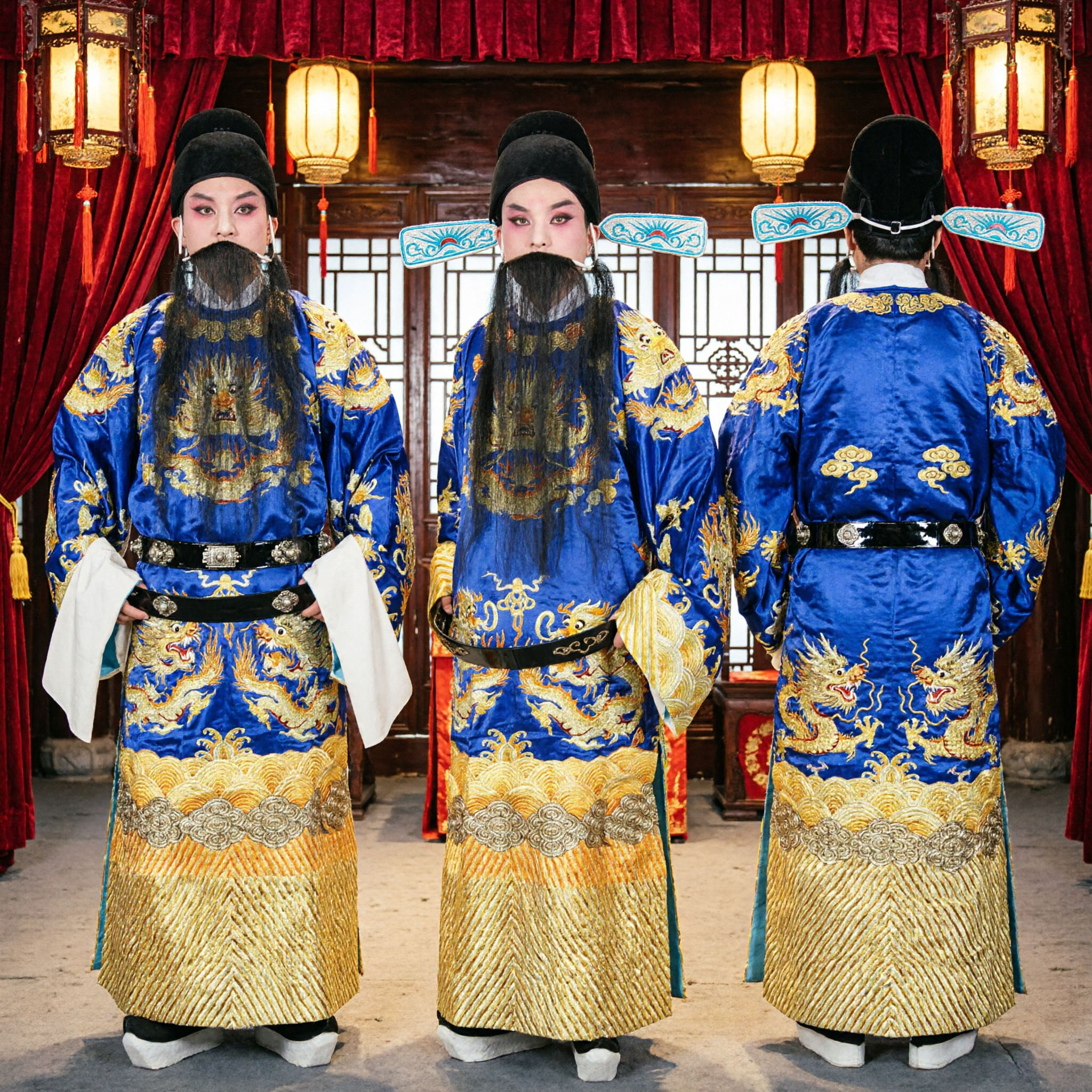 Traje Completo da Ópera de Pequim Tradicional Chinesa, Robe do Dragão Azul, com Chapéu e Barba para Performance no Palco para Homens - Asian Costume