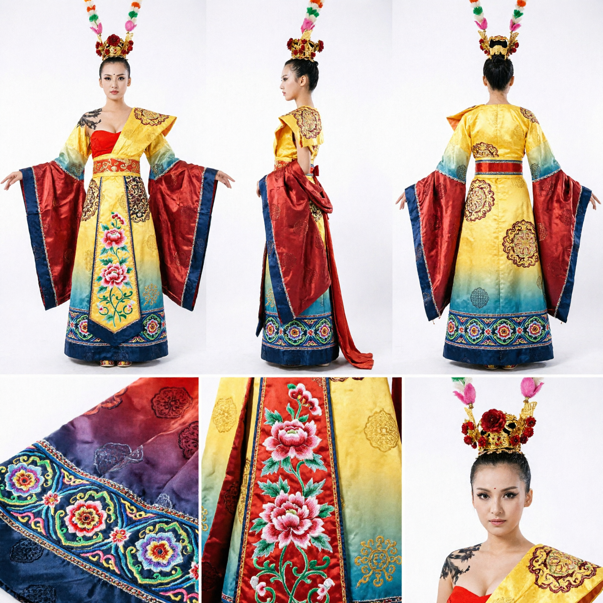 Traditionelles chinesisches Opern-Affenkönig-inspiriertes Kostüm mit Fasanenfeder-Kopfschmuck für Damen-Bühnenauftritte - Asian Costume