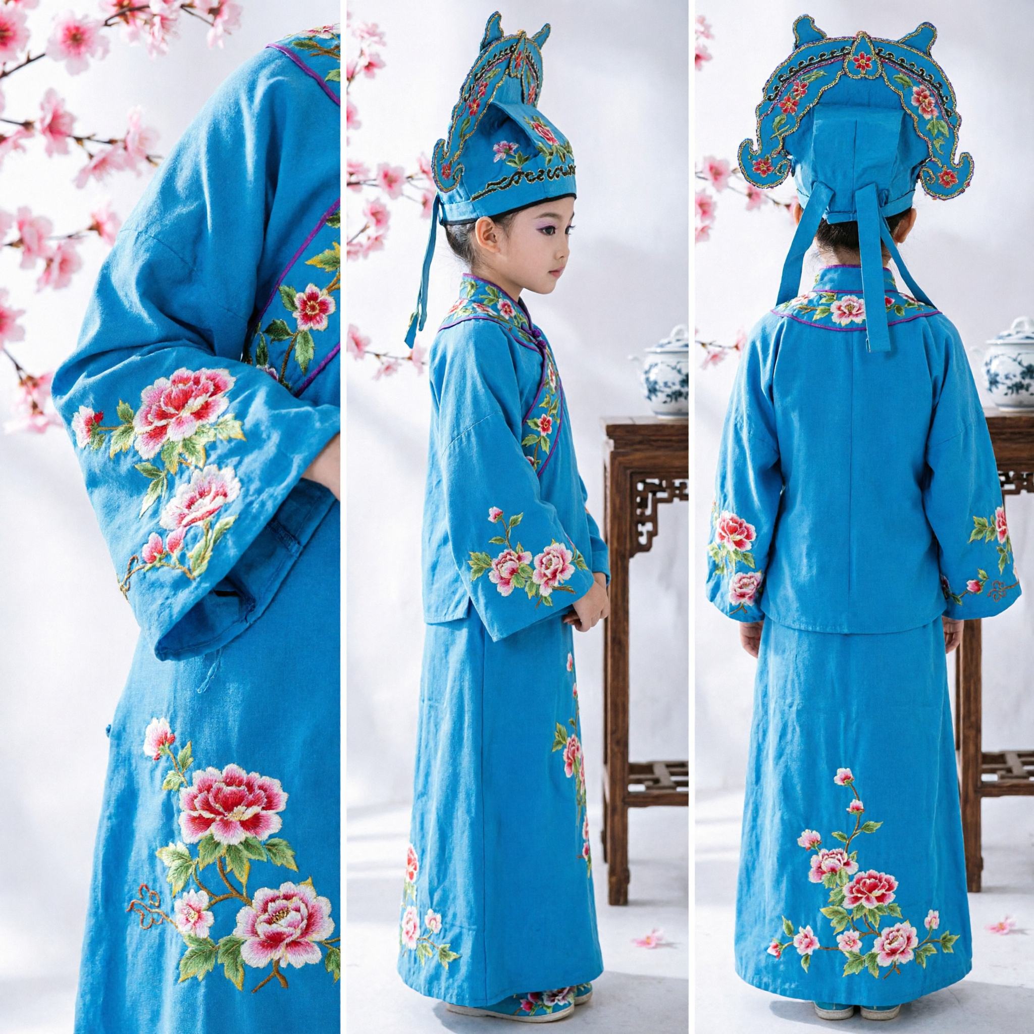 Traje Azul de Ópera Chinesa para Crianças, Conjunto Tradicional de Robe e Chapéu de Estudante para Performance no Palco e Halloween - Asian Costume