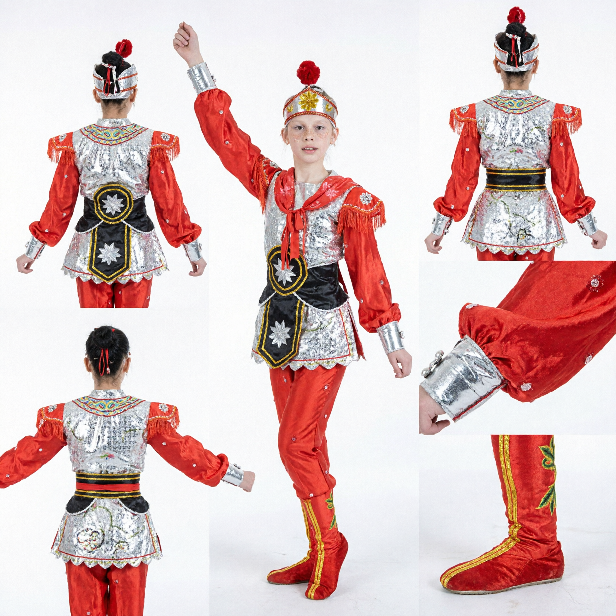 Traje de Danza Folklórica Tradicional China para Niñas, Vestido Rojo de Minoría Étnica para Espectáculos Escénicos con Sombrero - Asian Costume