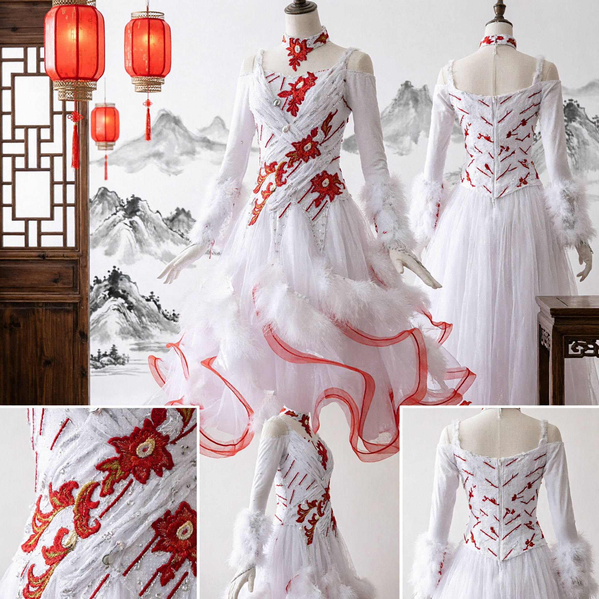 Vestido Blanco y Rojo con Bordado Floral para Baile de Salón para Mujer Traje para Presentaciones y Competencias en Escenario Falda Larga de Tul y Vestido - Asian Costume
