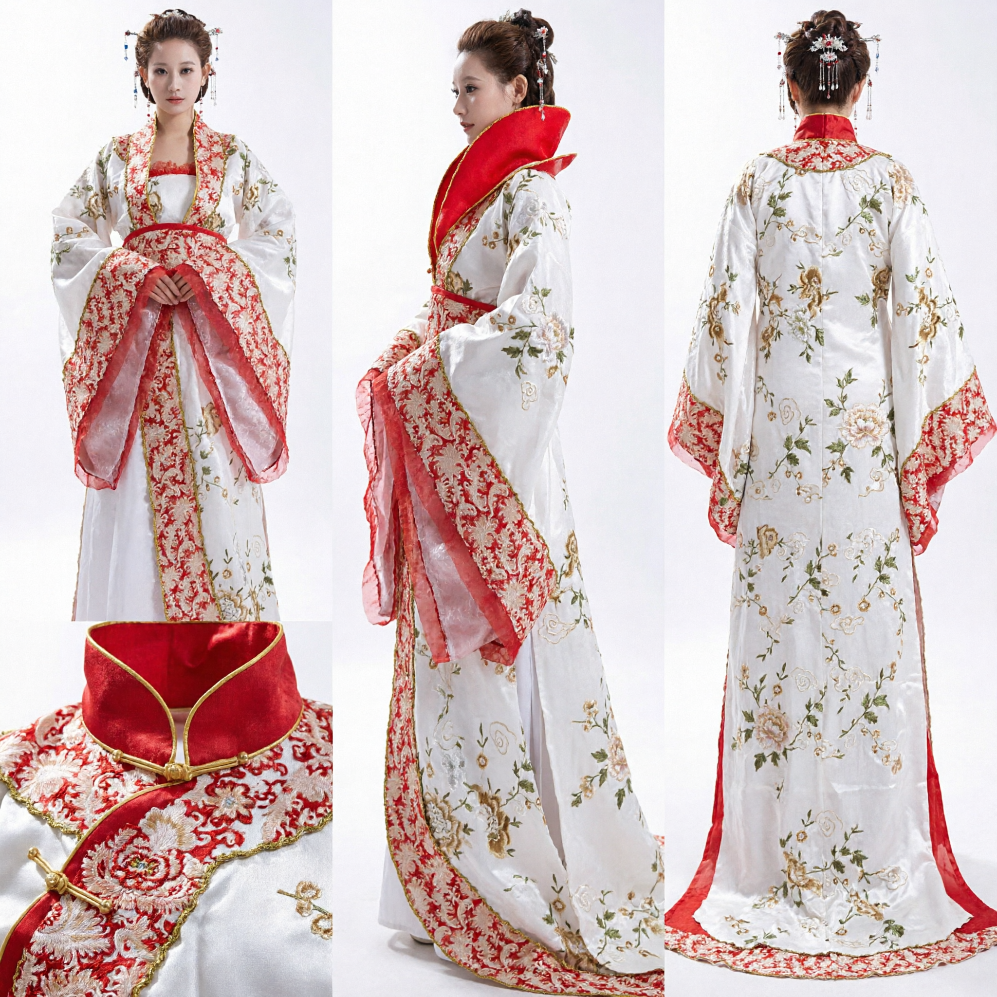 Tradizionale Costume Hanfu Cinese Antico Abito da Principessa Bianco Rosso con Ricamo Floreale Abbigliamento da Performance per Donne - Asian Costume