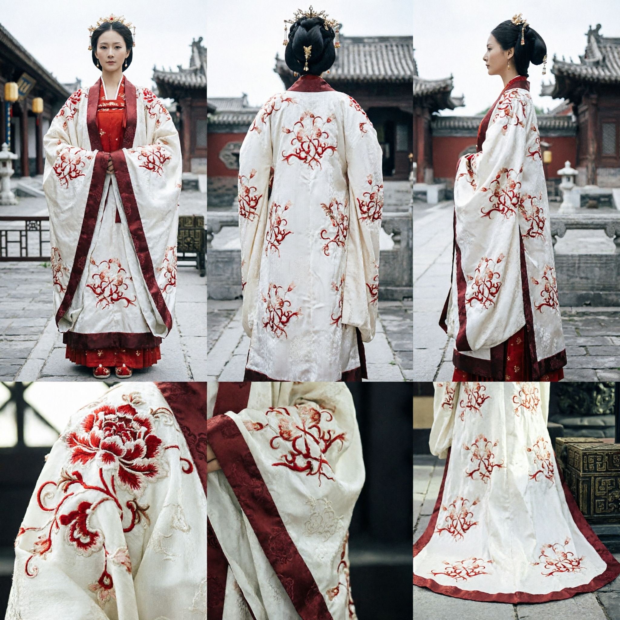 Traje de Dama do Palácio Hanfu Chinês Antigo Robe Branco com Bordado Floral Vestido Histórico Tradicional para Mulheres - Asian Costume