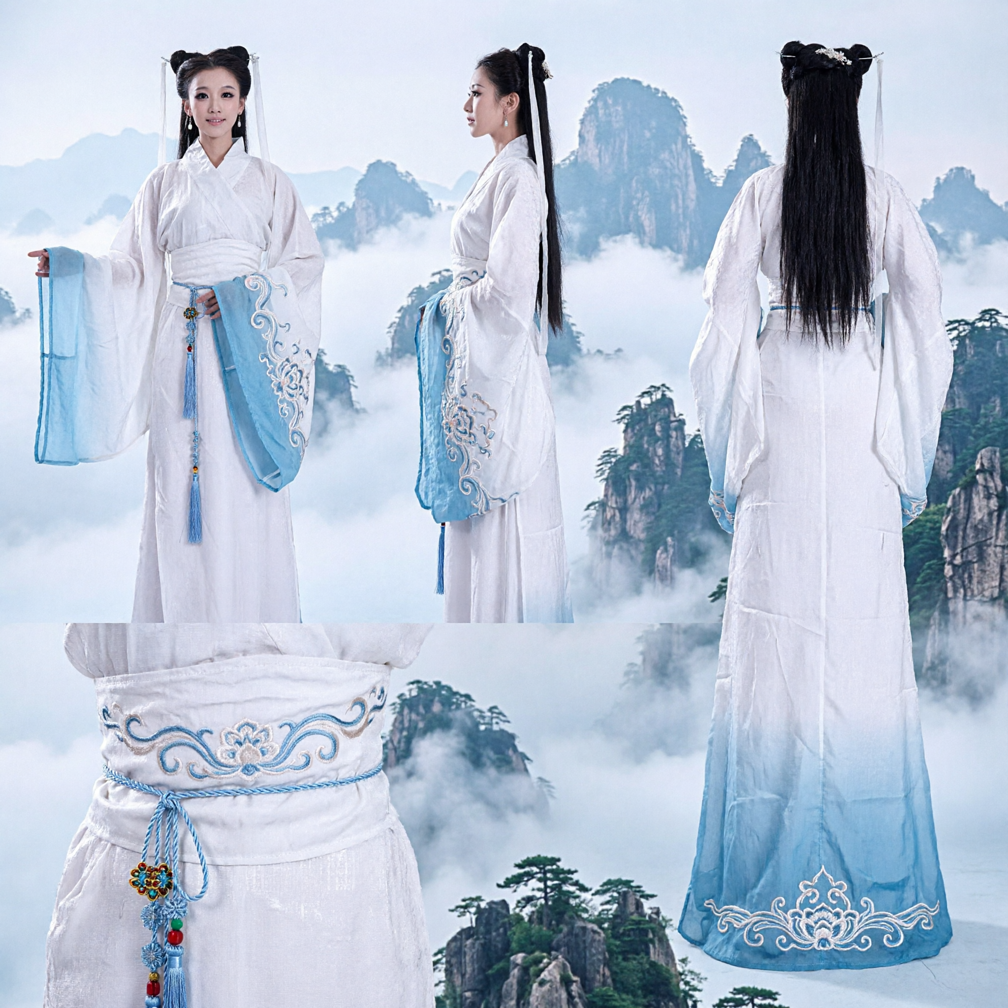 Costume traditionnel chinois Hanfu élégant blanc et bleu, robe de fée ancienne, robe à manches larges pour femmes - Asian Costume