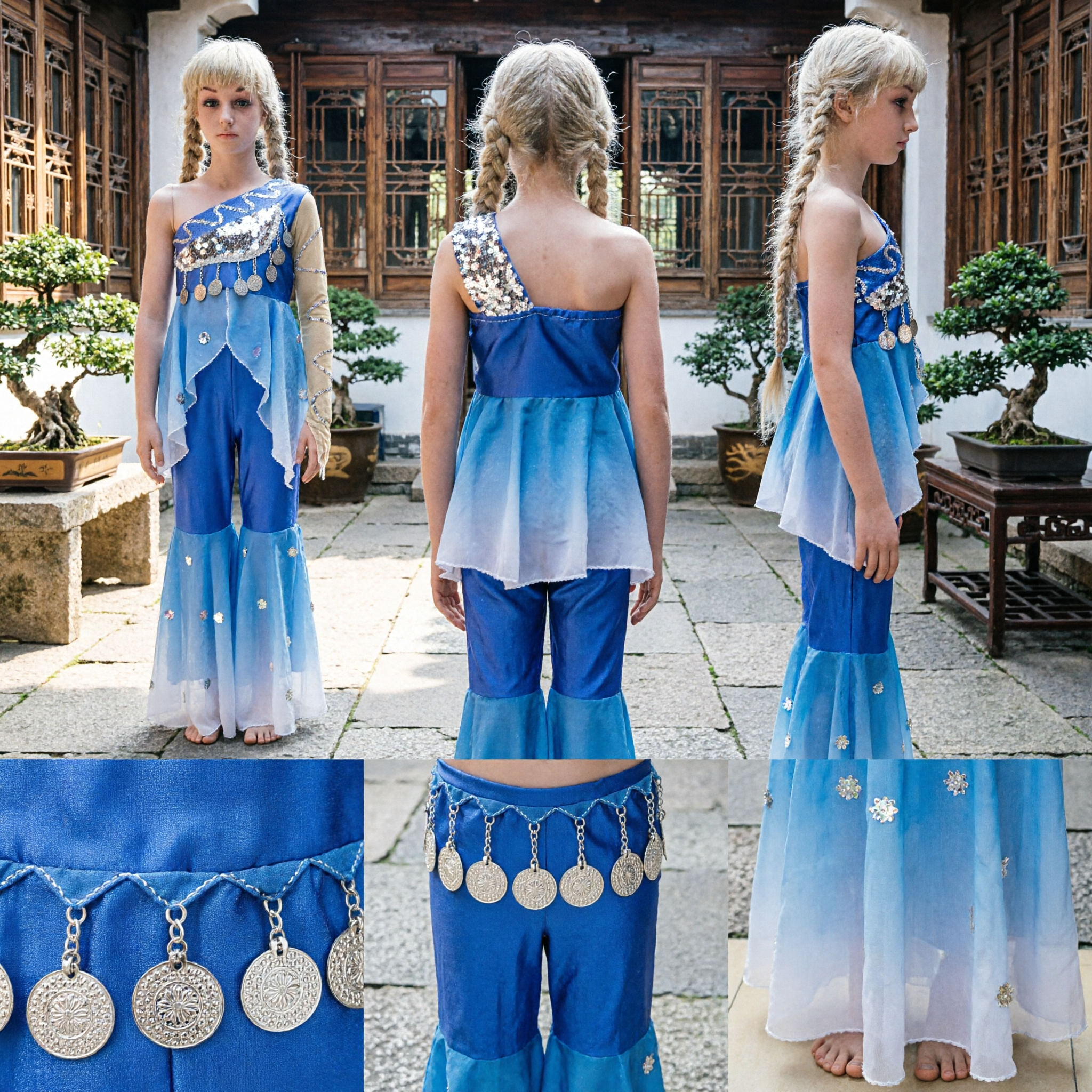 Traje de Dança Bollywood Azul Degradê para Meninas Crianças Top Ombro Único com Lantejoulas Calças Afuniladas Roupa para Palco - Asian Costume