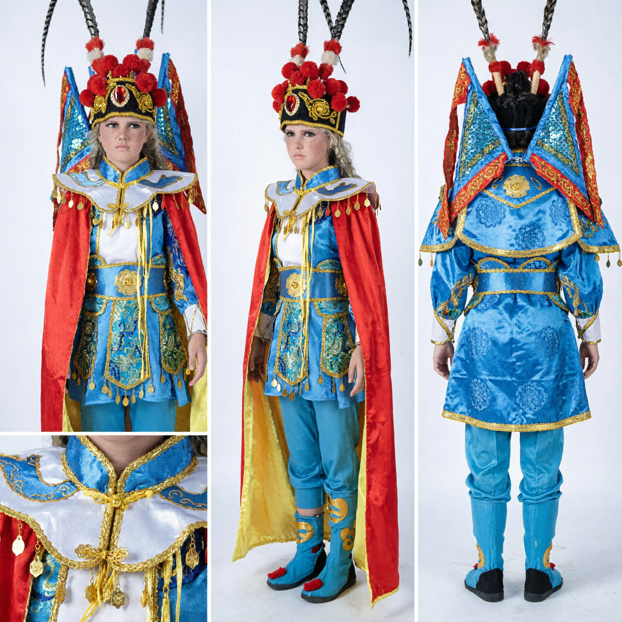 Traje de General de Ópera China para Niños Atuendo de Guerrero de la Ópera de Pekín con Armadura y Plumas para Presentaciones en Escenario para Niños - Asian Costume
