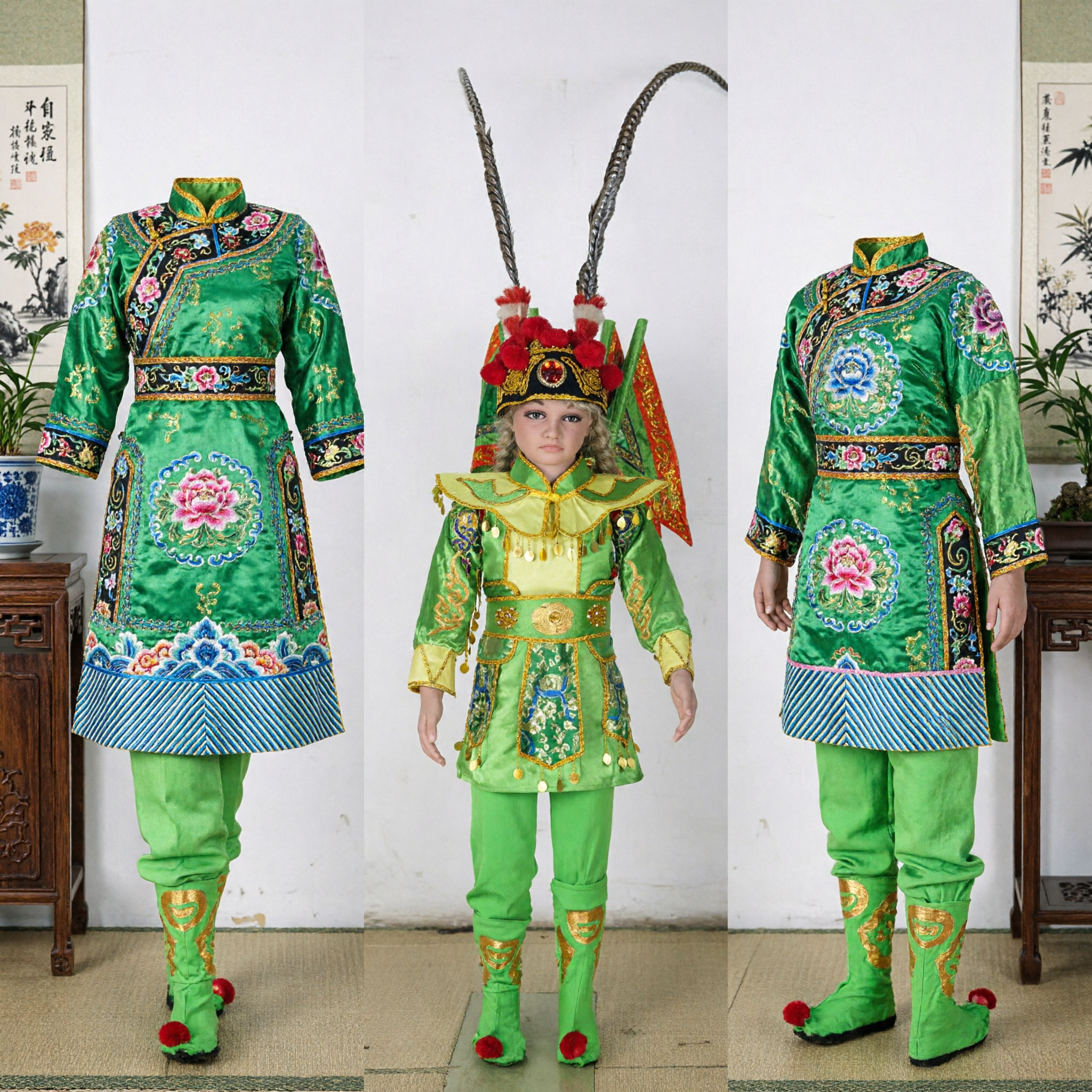 Kinder Peking-Oper-Kostüm, grünes Krieger-General-Outfit mit Federkopfschmuck für Bühnenaufführungen - Asian Costume