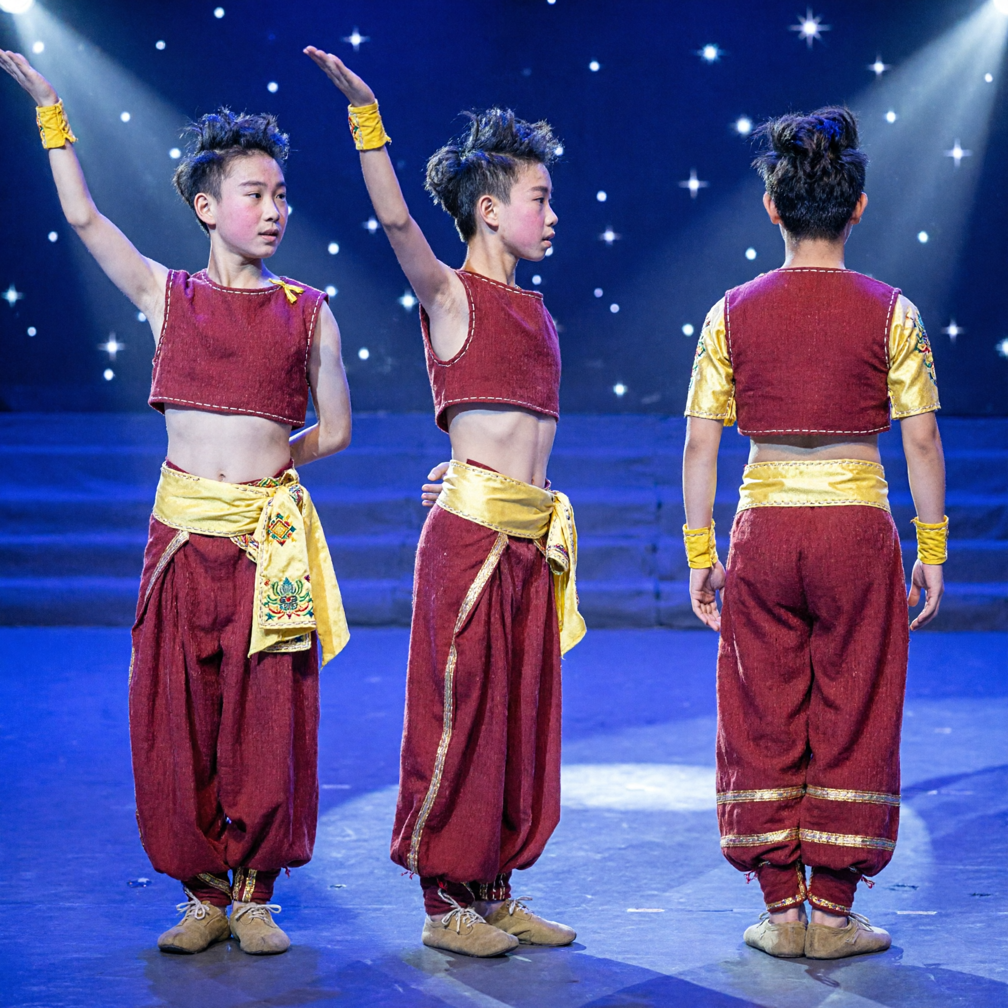 زي الرقص الشعبي الهندي التقليدي للأولاد - مجموعة دوتي أحمر وصدرية للأداء المسرحي - Asian Costume