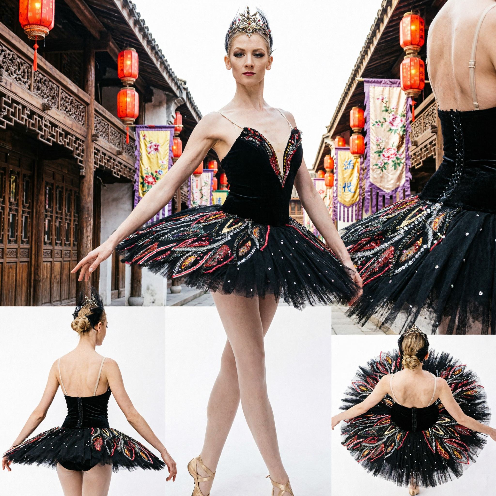 Vrouwen Zwarte Zwanenmeer Ballet Tutu Kleed Professioneel Podiumoptreden Kostuum met Glitterborduurwerk en Tiara - Asian Costume
